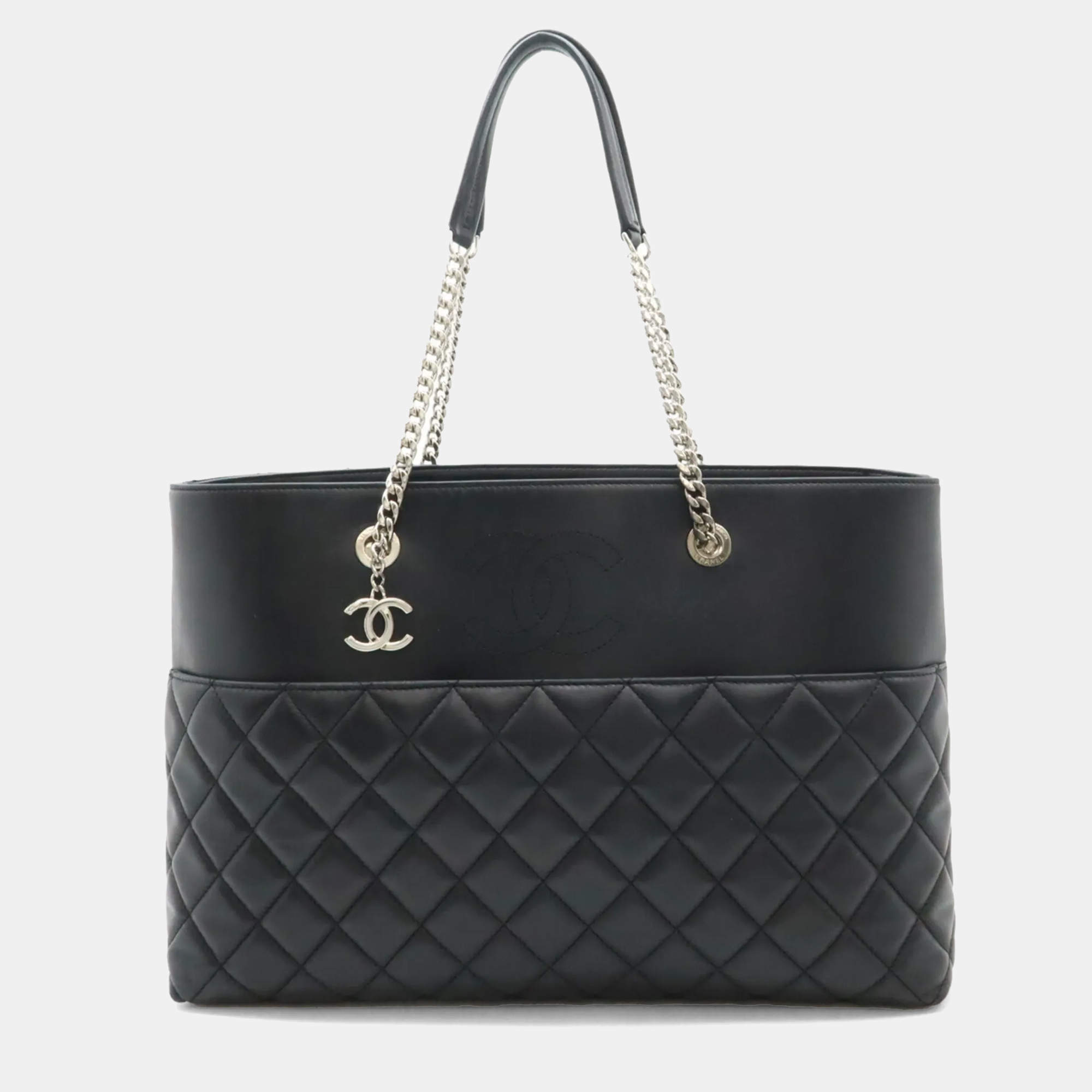 Pre Owned Chanel CC Black Lambskin Leather Chain Tote Bag