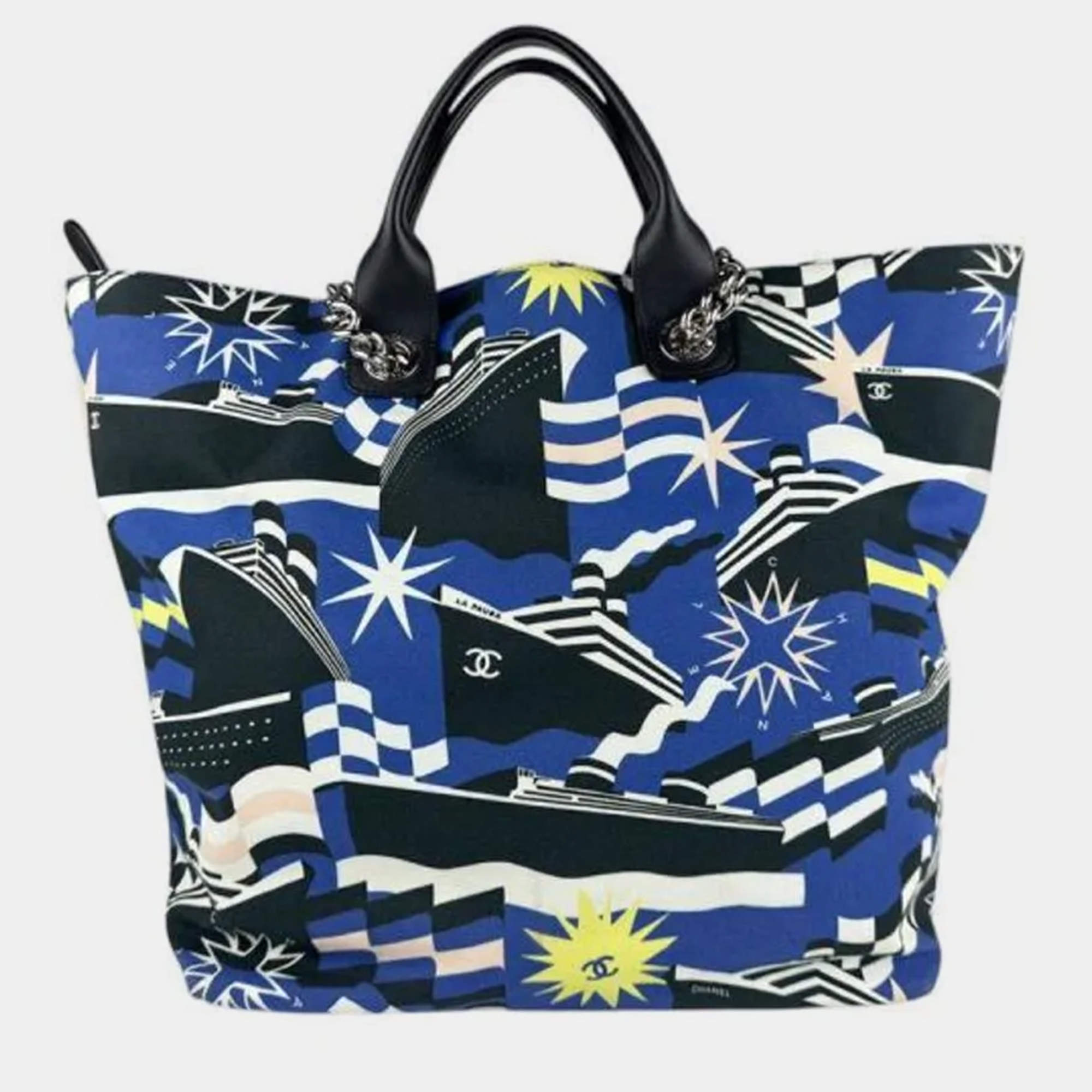 Pre Owned Chanel Cruise Collection Blue Black White Canvas Leather Shoulder Bag