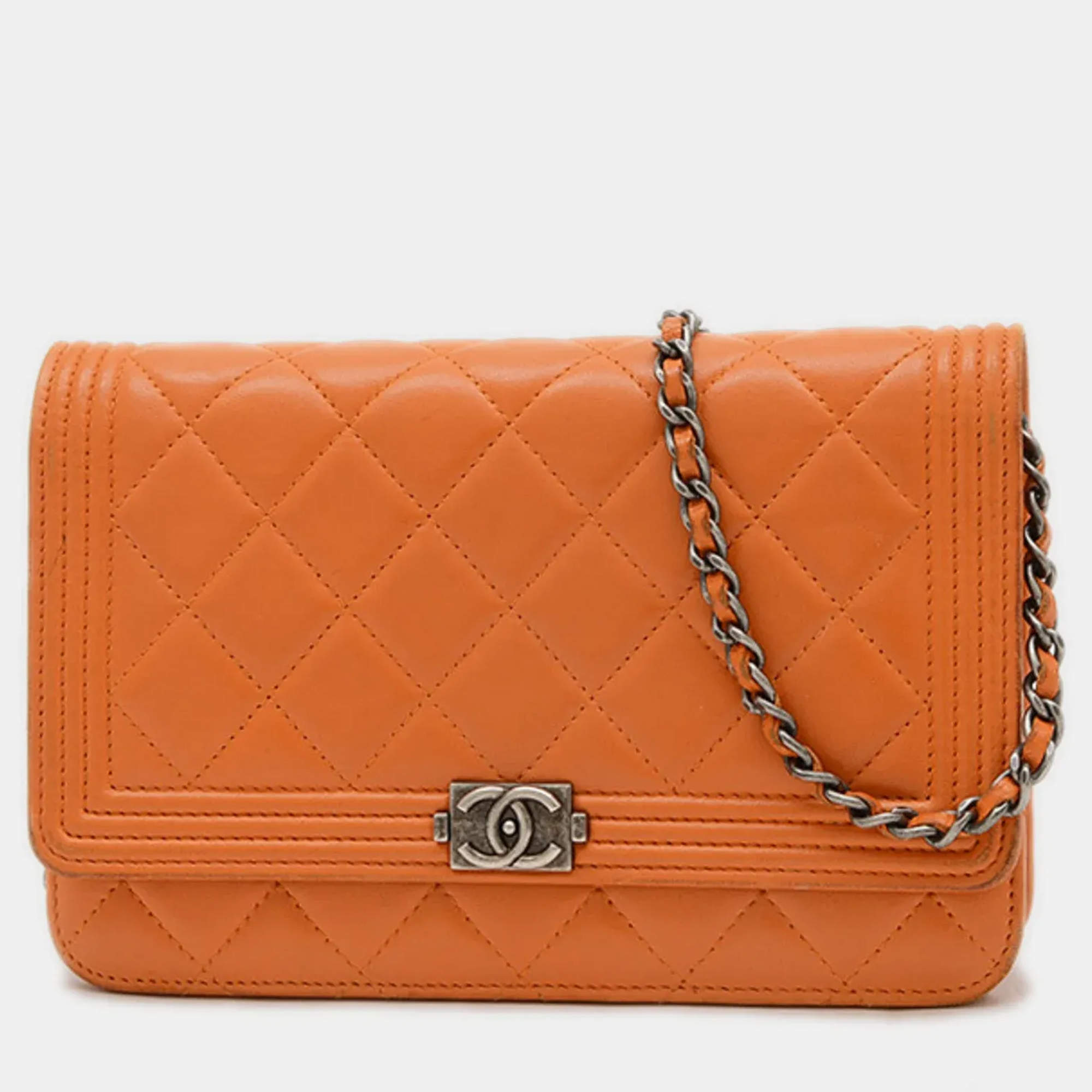 Pre Owned Chanel Boy Orange Lambskin Wallet on Chain