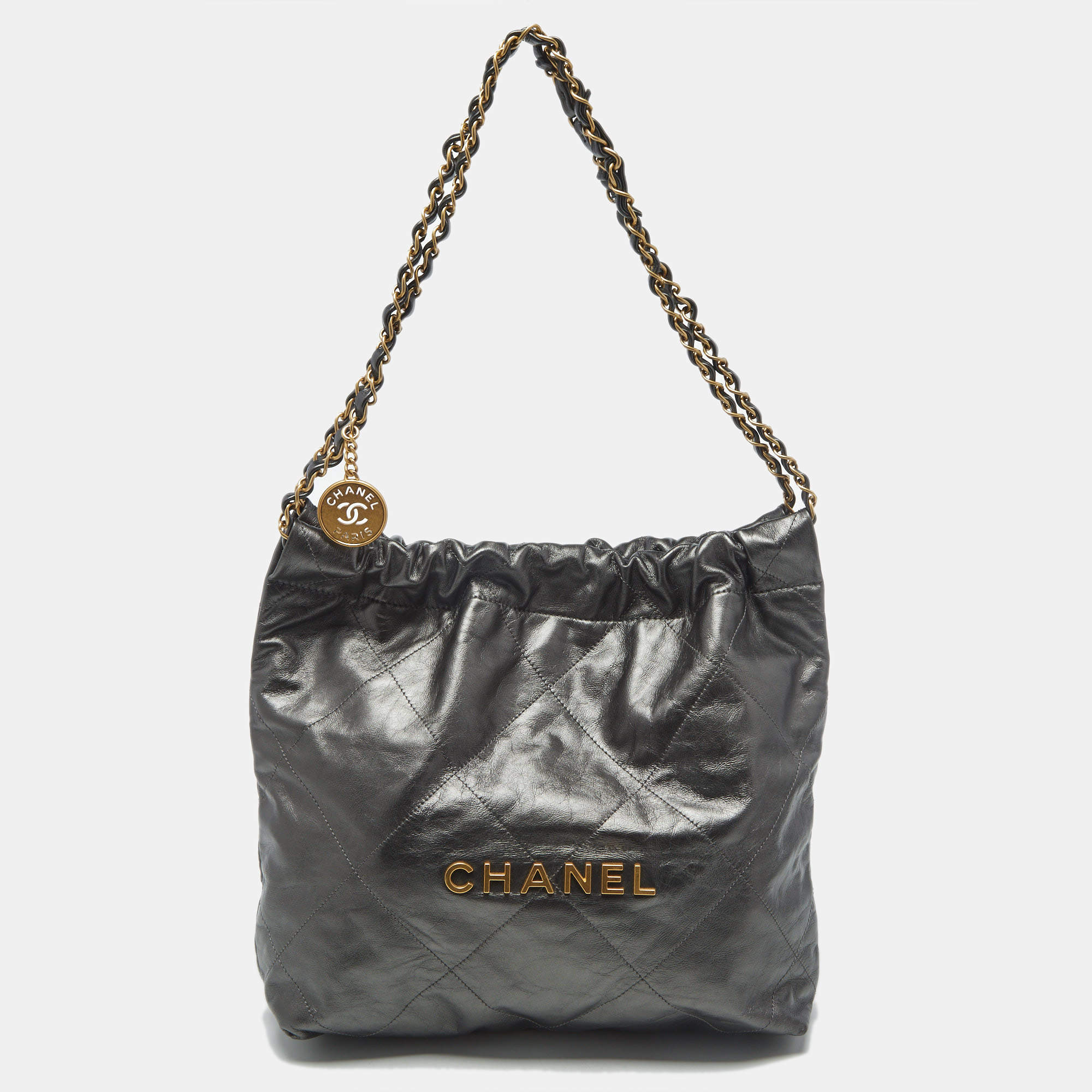 Pre Owned Chanel Metallic Grey Quilted Leather Small 22 Bag