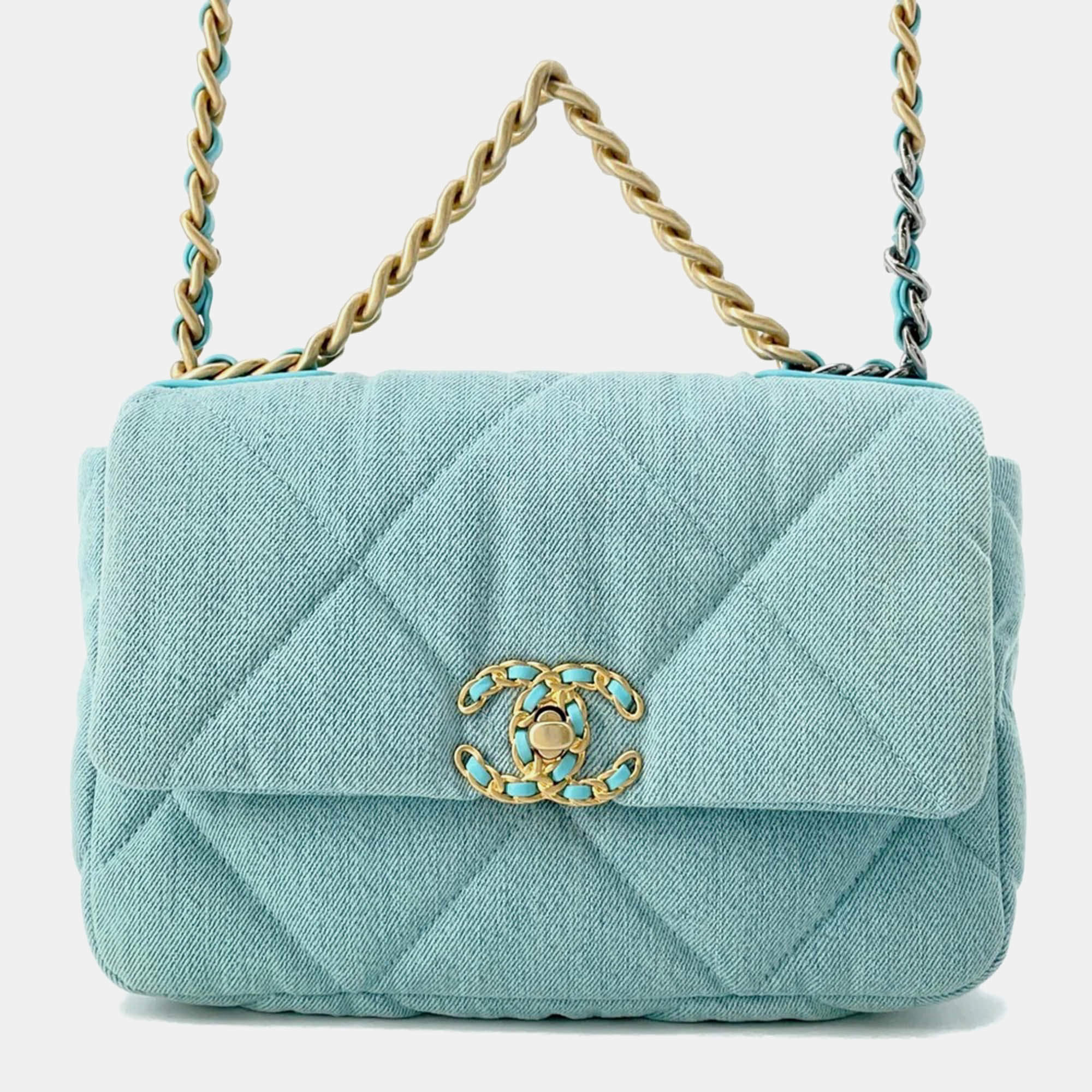 Pre Owned Chanel 19 Turquoise Blue Denim Chain Shoulder Bag