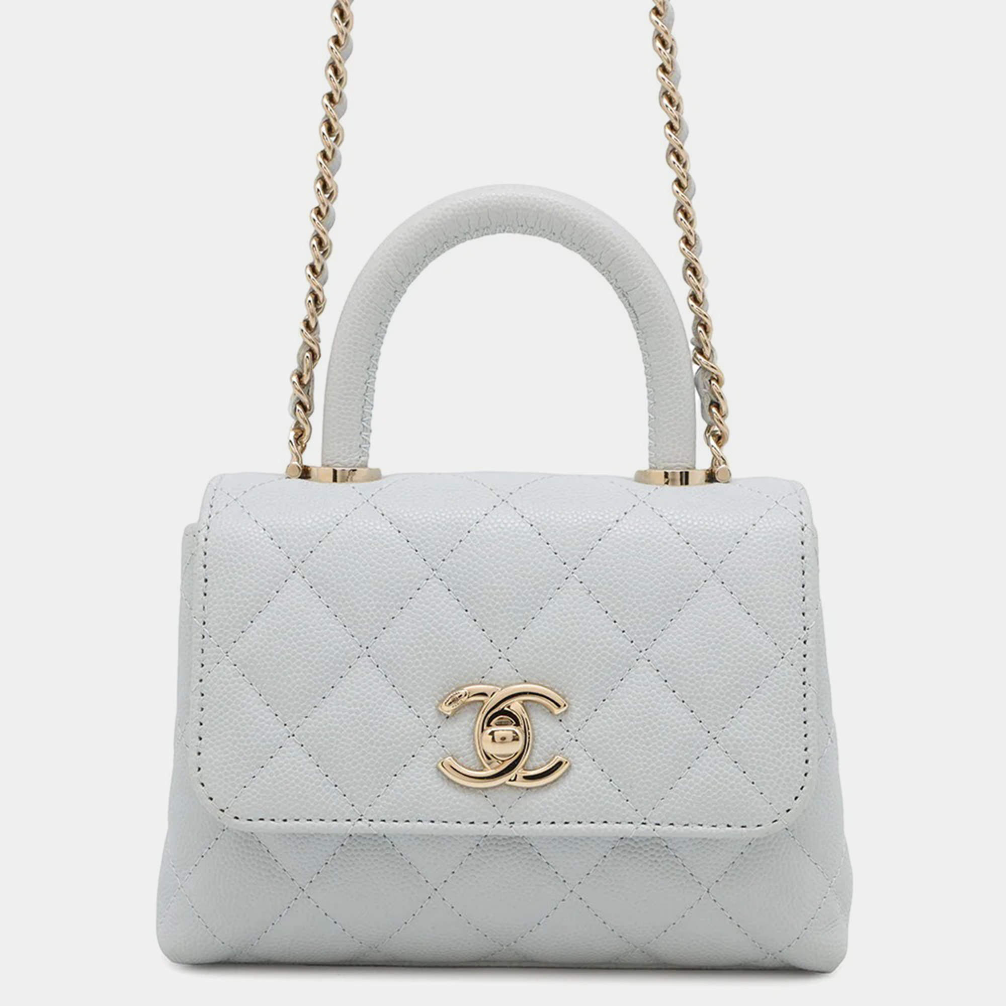 Pre Owned Chanel Coco Handle Mini Light Blue Caviar Leather Top Handle Bag