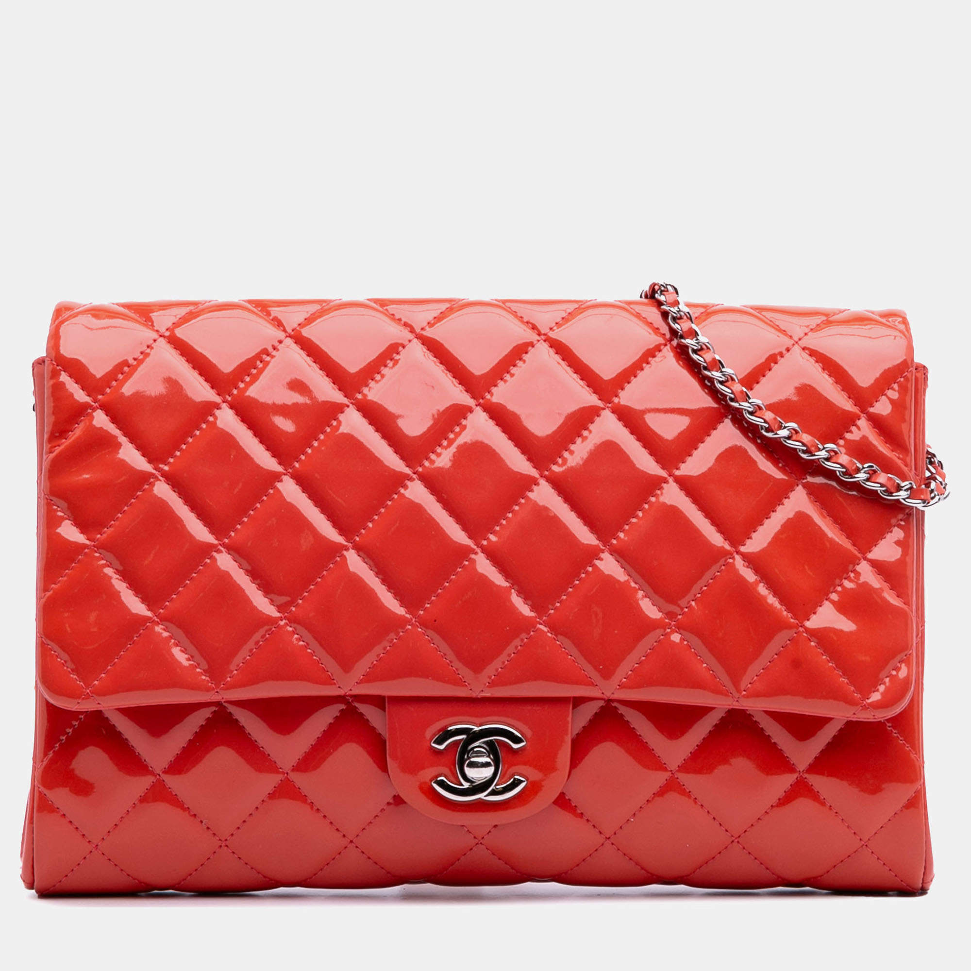 Pre Owned Chanel Red CC Quilted Patent Clutch with Chain