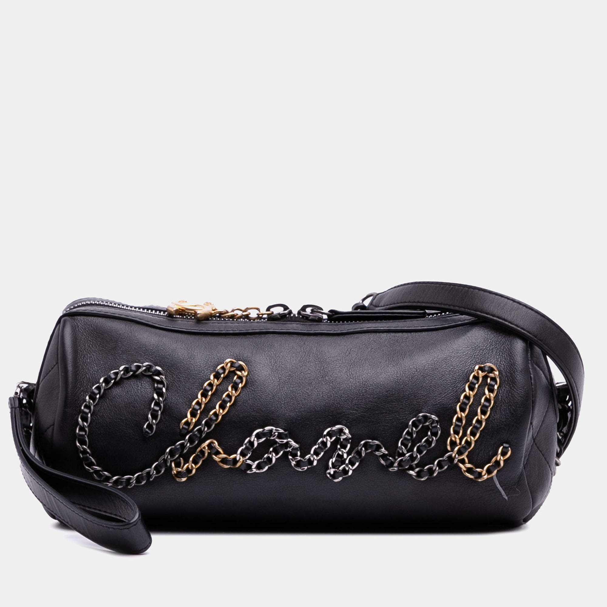 Pre Owned Chanel Black Calfskin Signature Chain 20s Bowling Bag