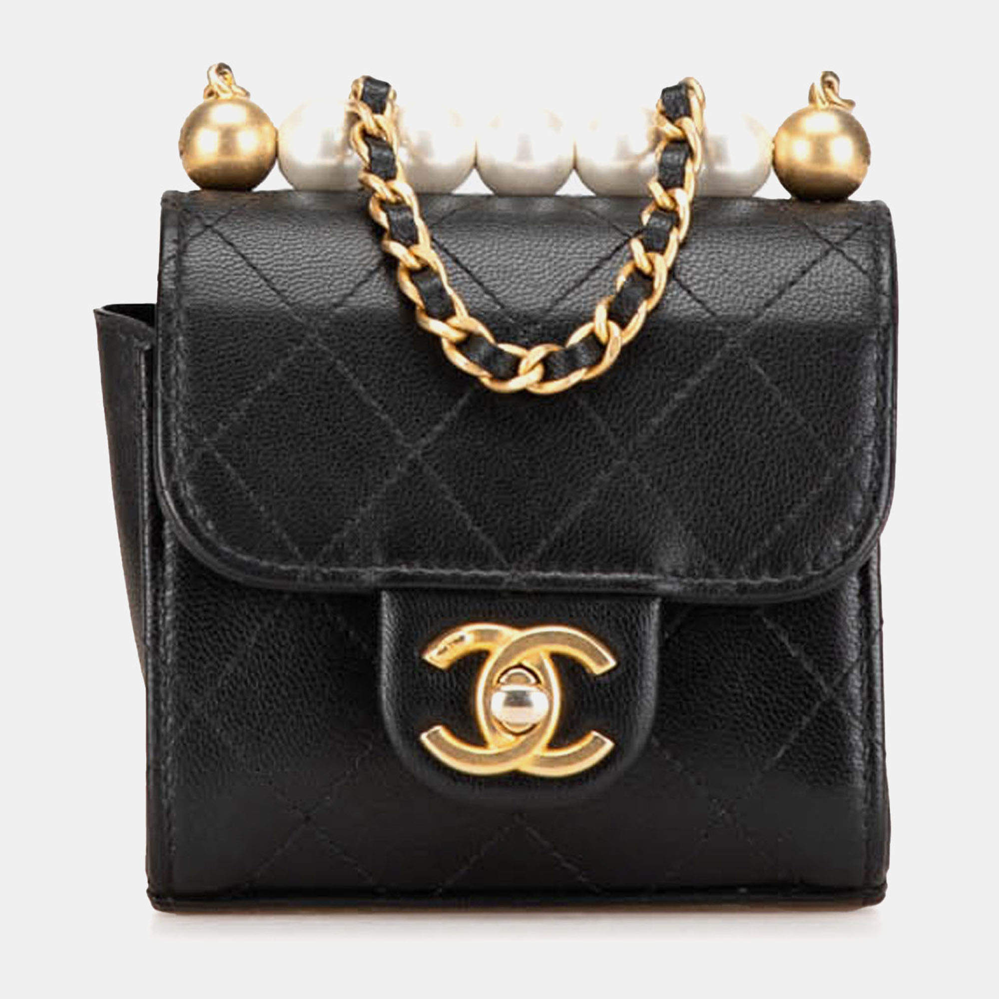 Pre Owned Chanel Black Mini Goatskin Chic Pearls Clutch On Chain
