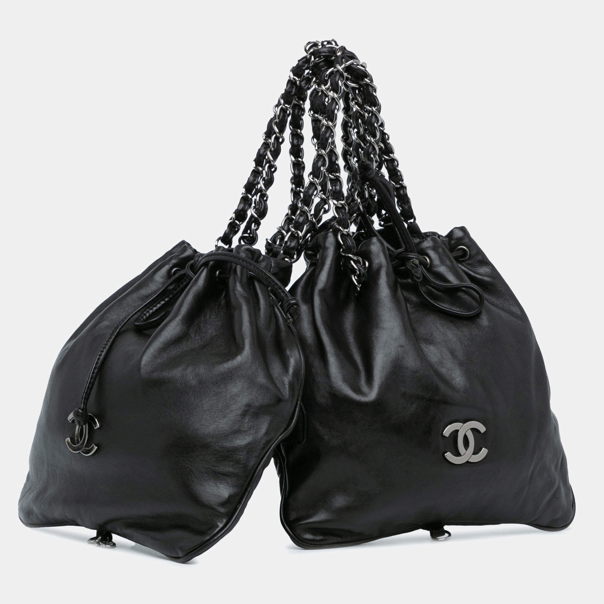 Pre Owned Chanel Black CC Calfskin Dual Twin Chain Handbag