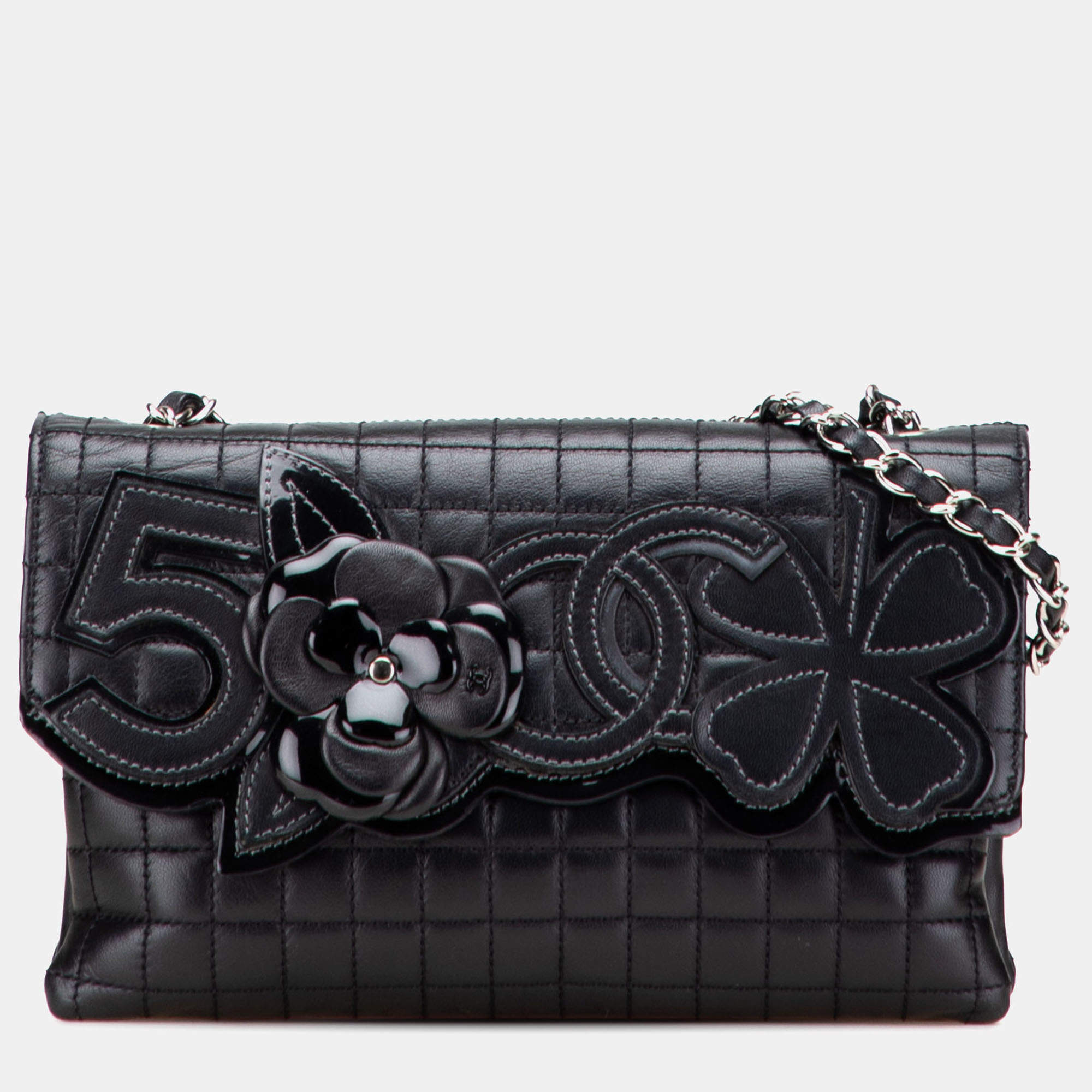 Pre Owned Chanel Black Choco Bar Calfskin No. 5 Camellia CC Shoulder Bag