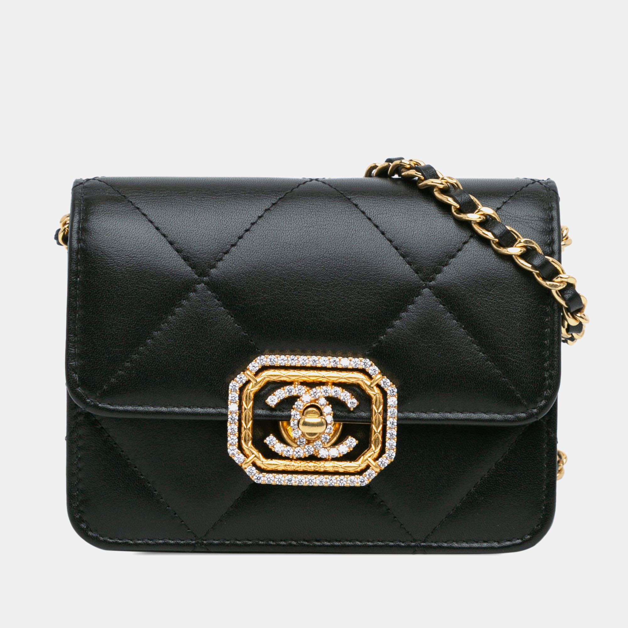 Pre Owned Chanel Black Quilted Calfskin Strass Card Holder On Chain