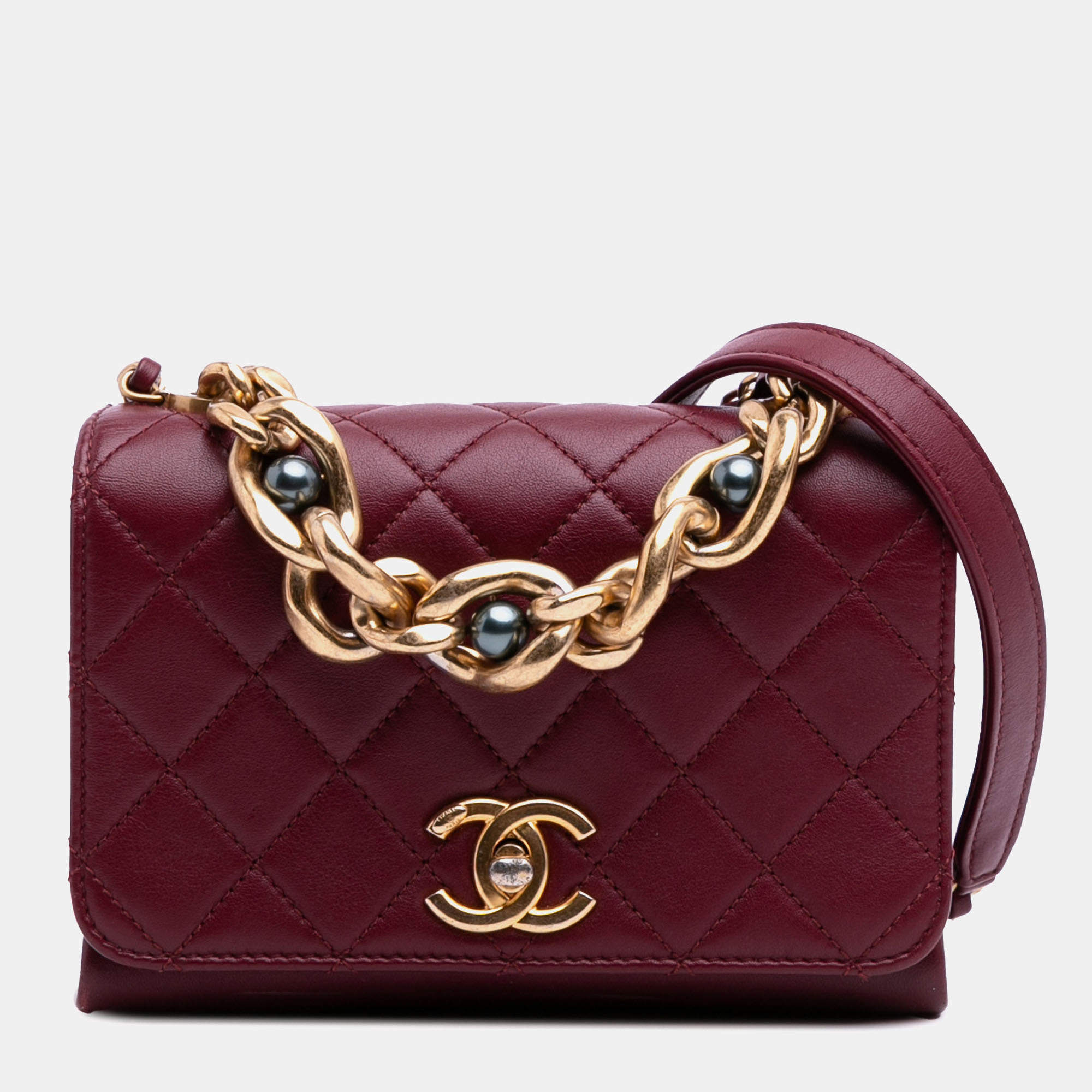 Pre Owned Chanel Red Quilted Calfskin Pearl Jewel Chain Flap