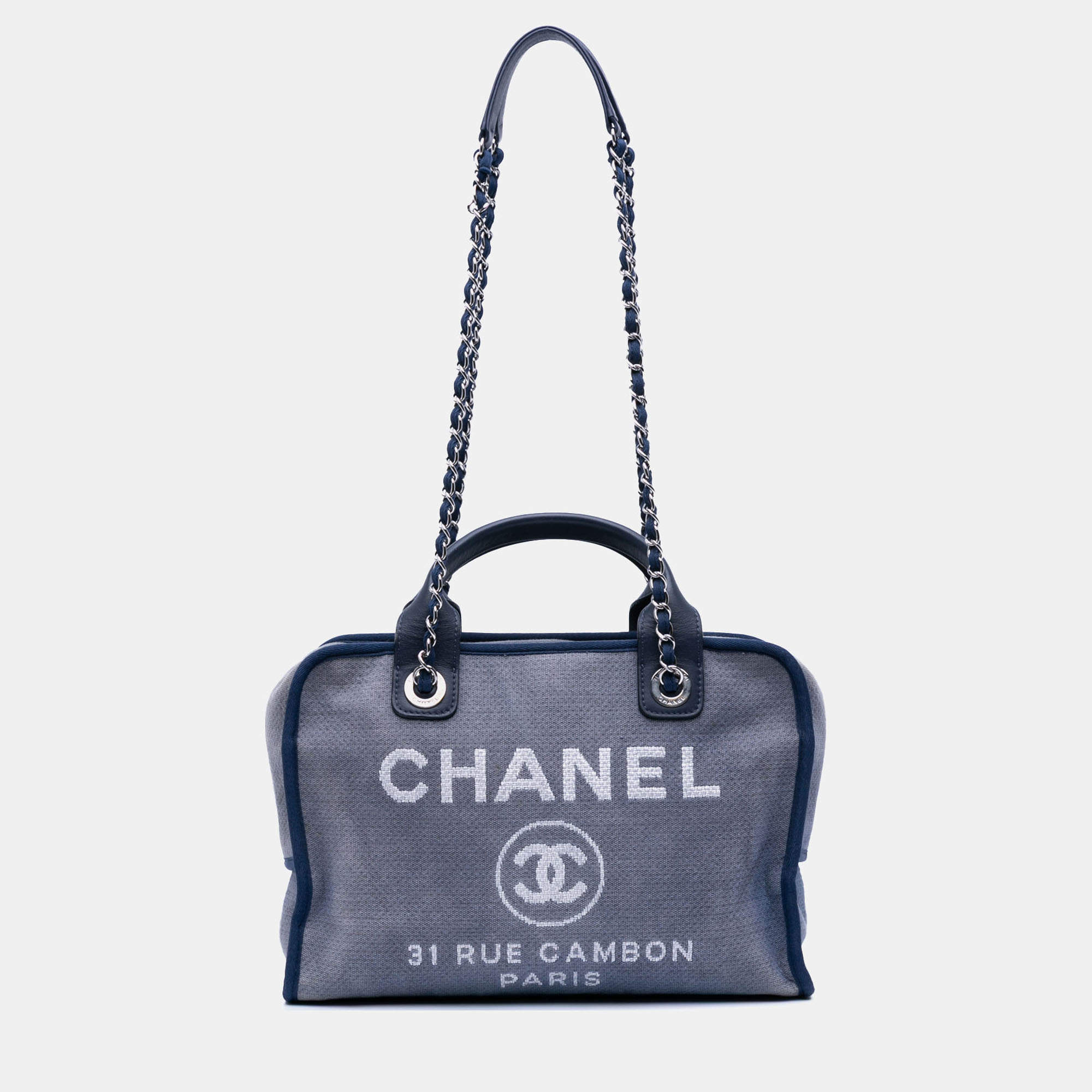 Pre Owned Chanel Blue Large Denim Deauville Bowling Bag