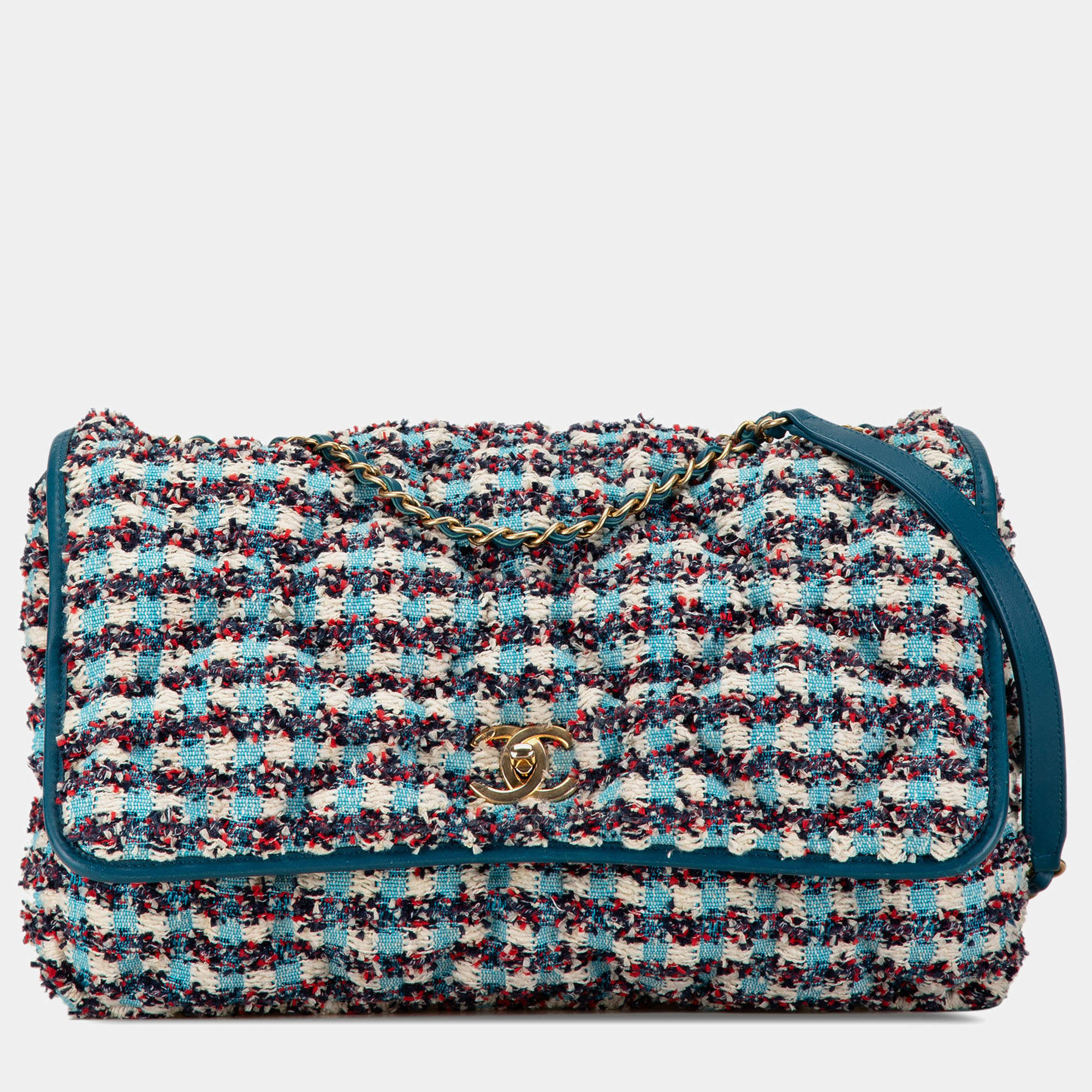 Pre Owned Chanel Blue Maxi Tweed Chesterfield Single Flap