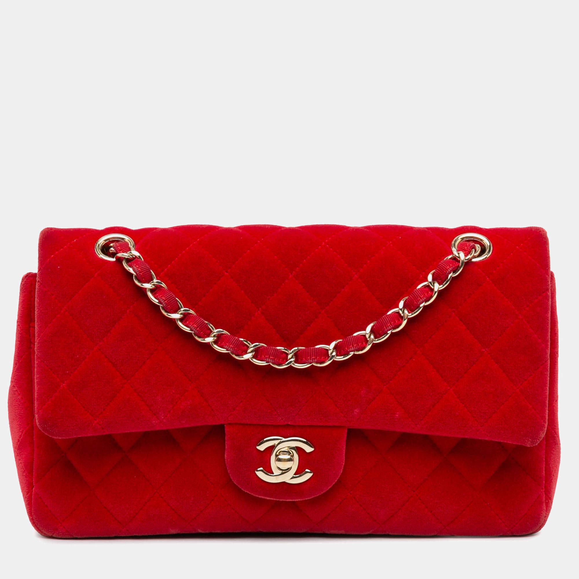 Pre Owned Chanel Red Medium Classic Velvet Double Flap