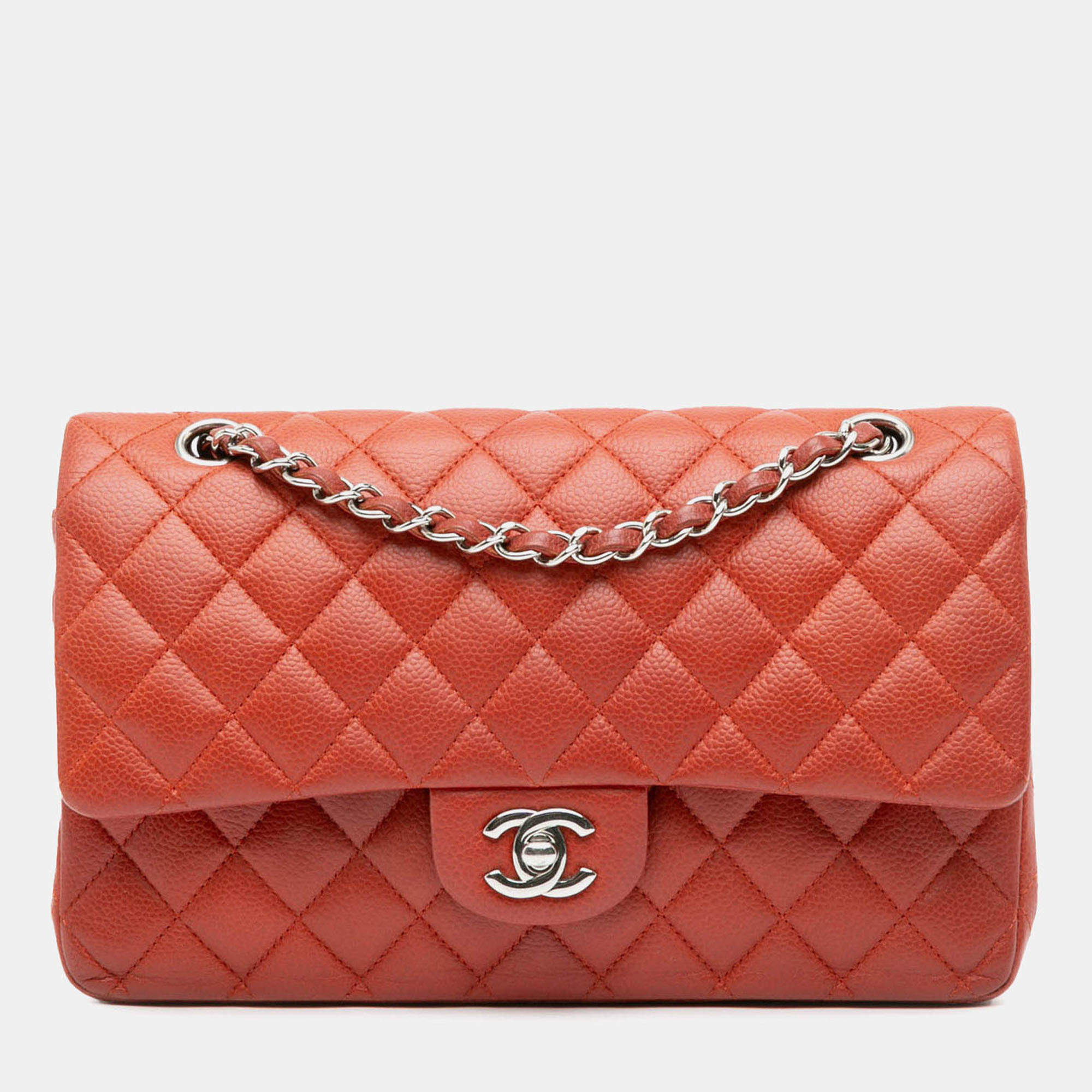 Pre Owned Chanel Orange Medium Classic Caviar Double Flap