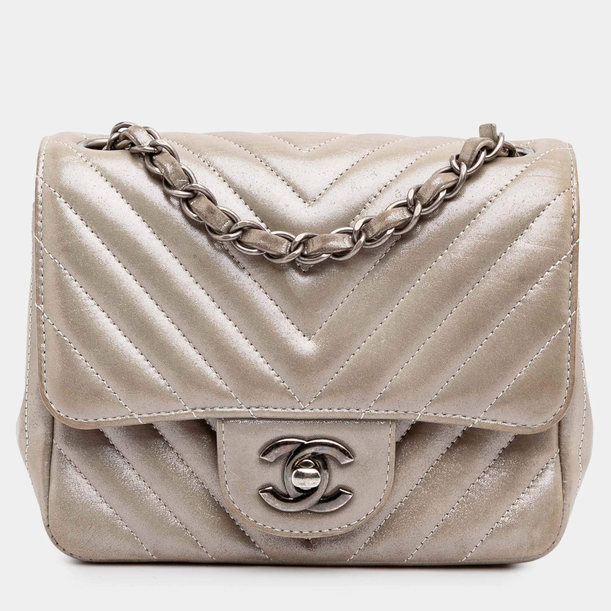 Pre Owned Chanel Brown Mini Square Classic Chevron Iridescent Lambskin Single Flap Bag