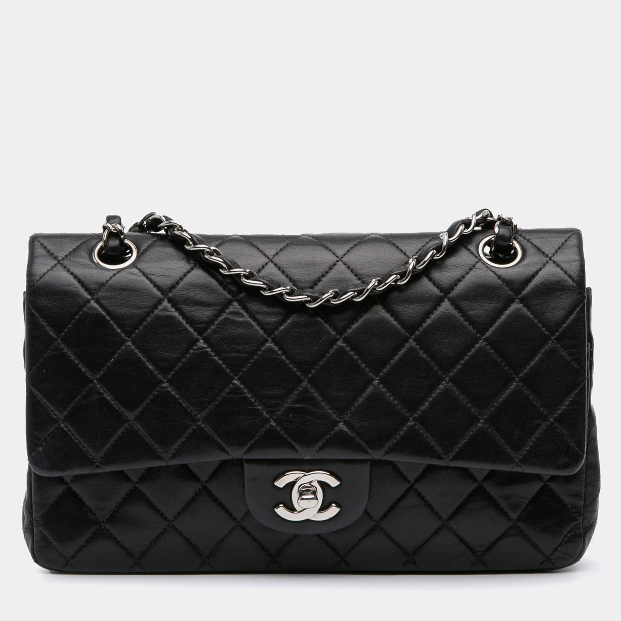Pre Owned Chanel Black Medium Classic Lambskin Double Flap