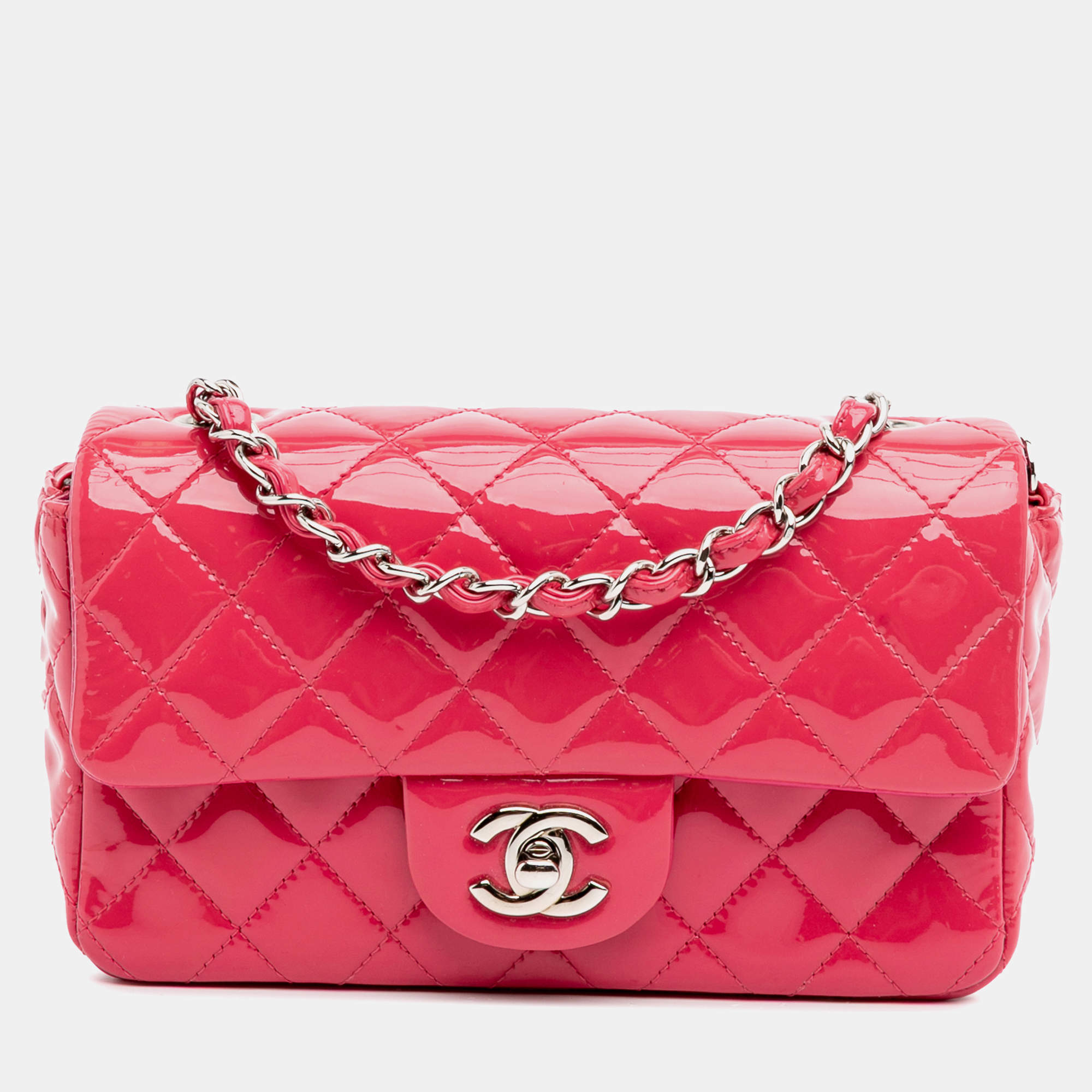 Pre Owned Chanel Pink Mini Rectangular Classic Patent Single Flap