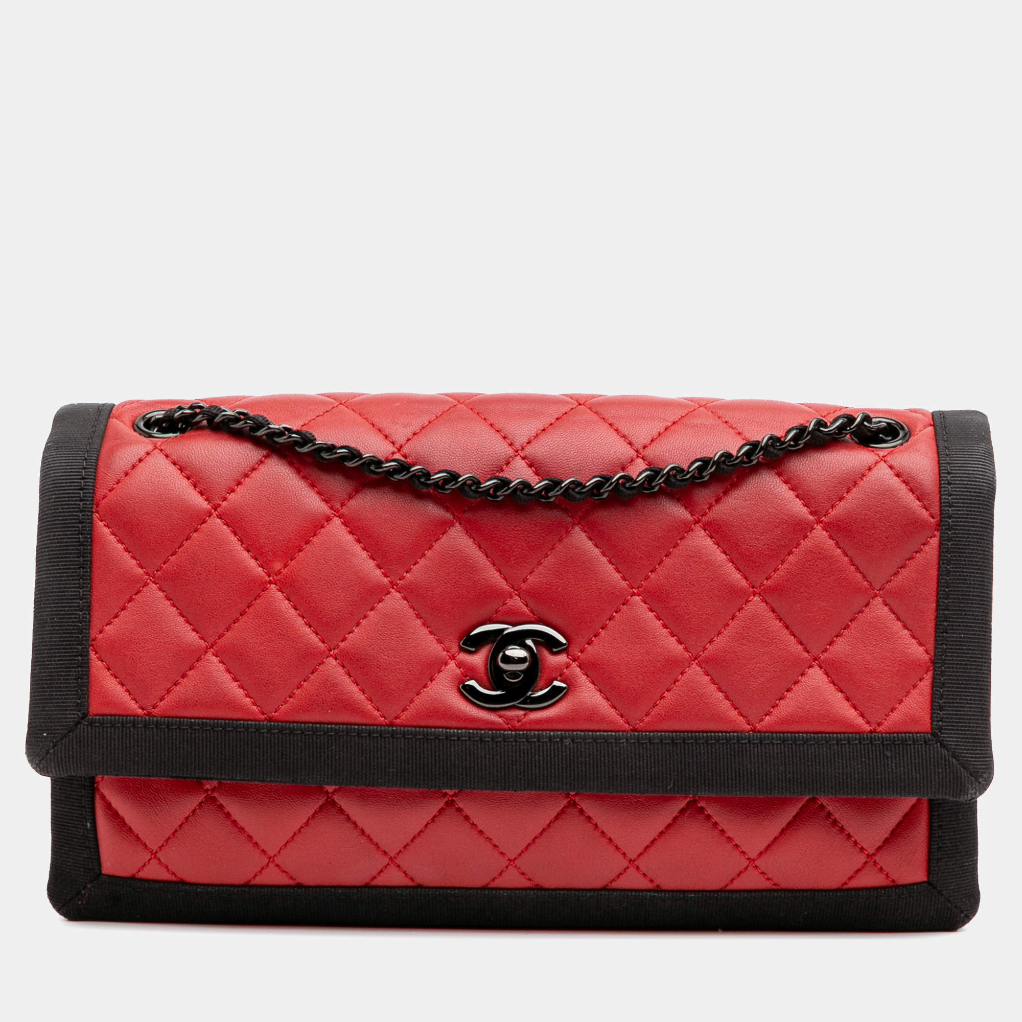 Pre Owned Chanel Black Red Medium Quilted Lambskin Grosgrain Two Tone Flap