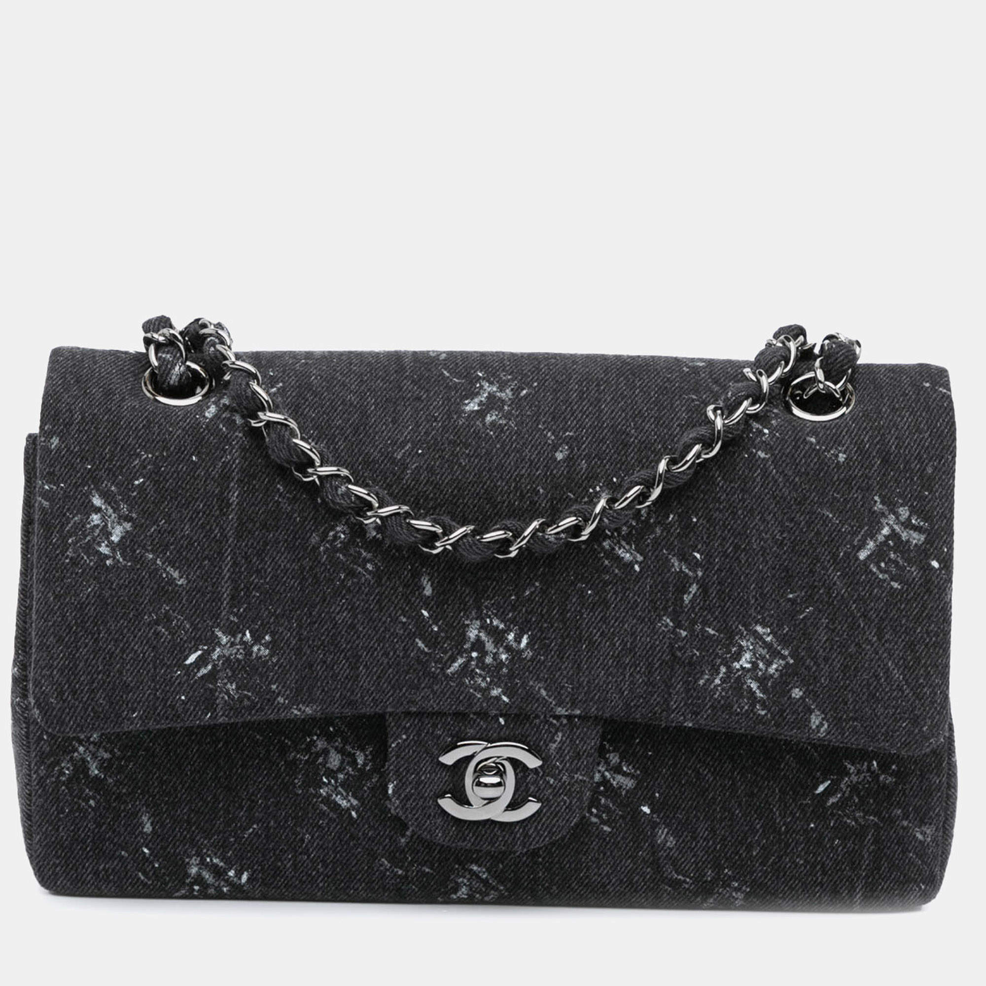 Pre Owned Chanel Black Medium Denim Double Flap