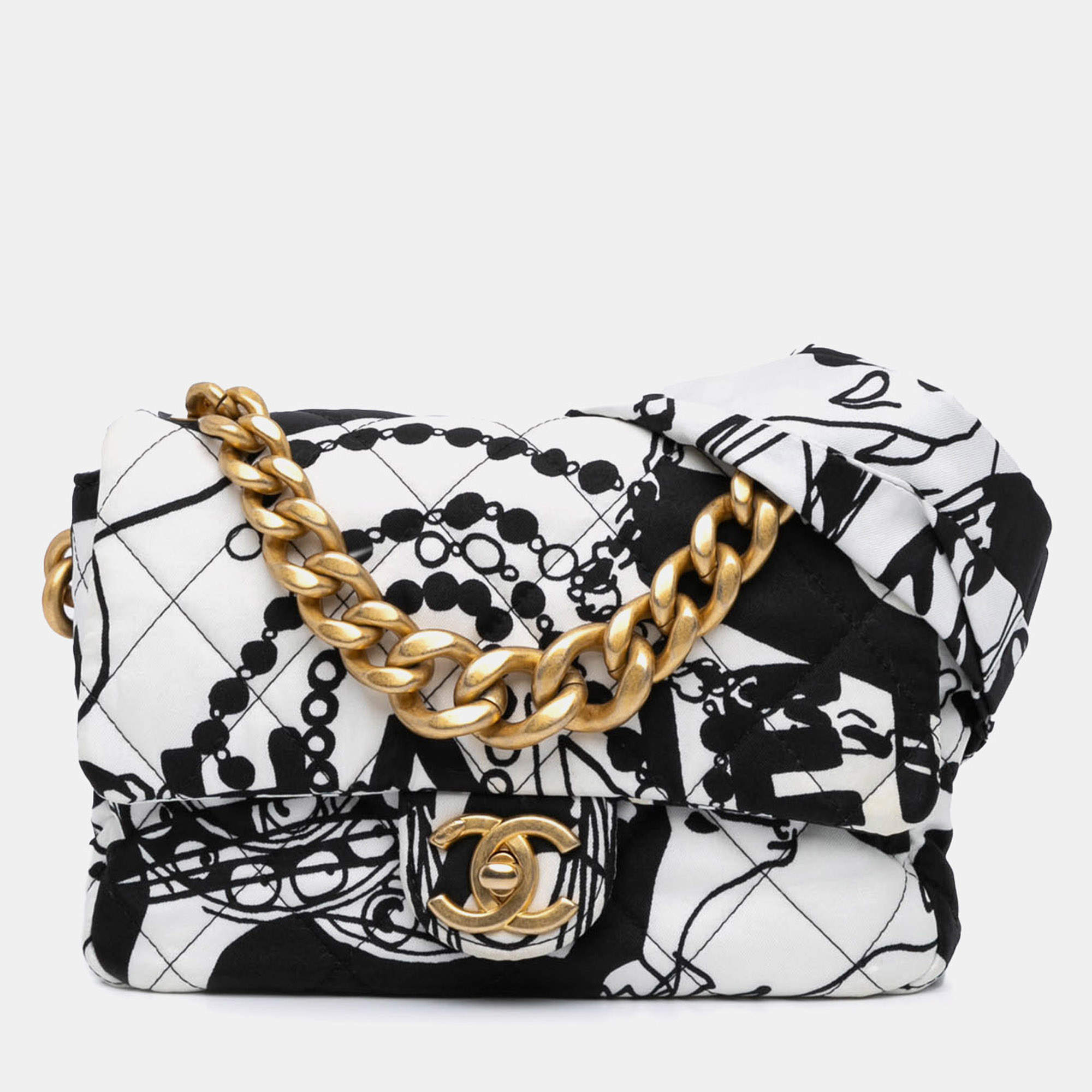 Pre Owned Chanel Black White Mini Printed Canvas Deer Coco Flap