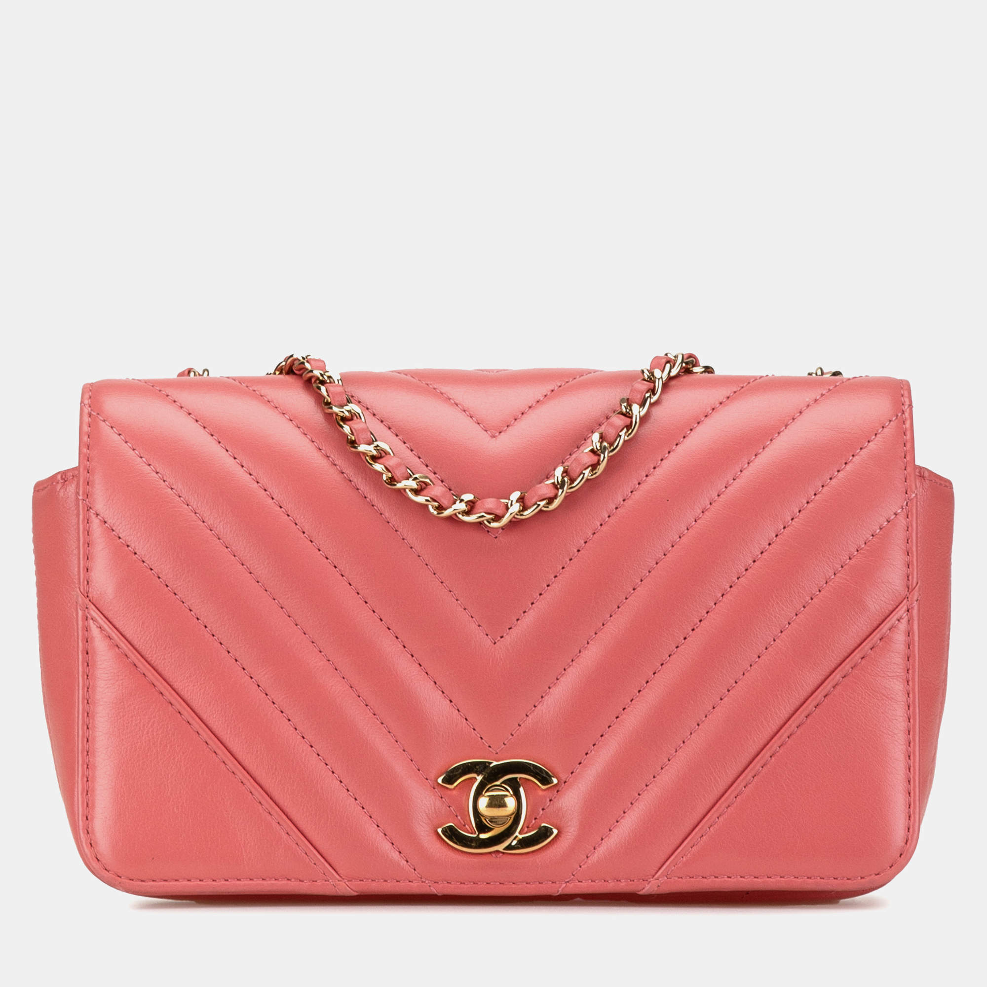 Pre Owned Chanel Pink Mini Chevron Calfskin Statement Flap