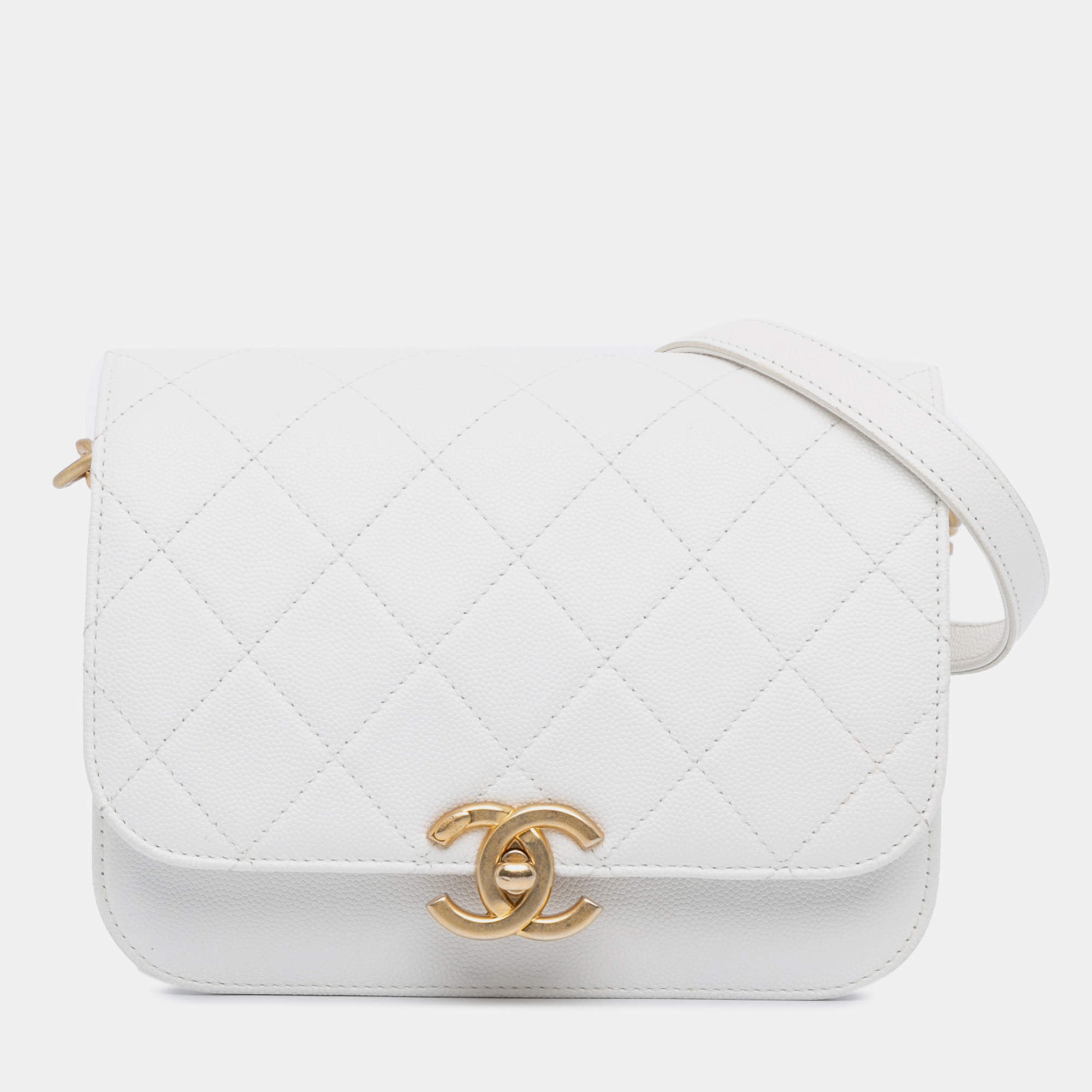 Pre Owned Chanel White CC Quilted Leather Flap Crossbody