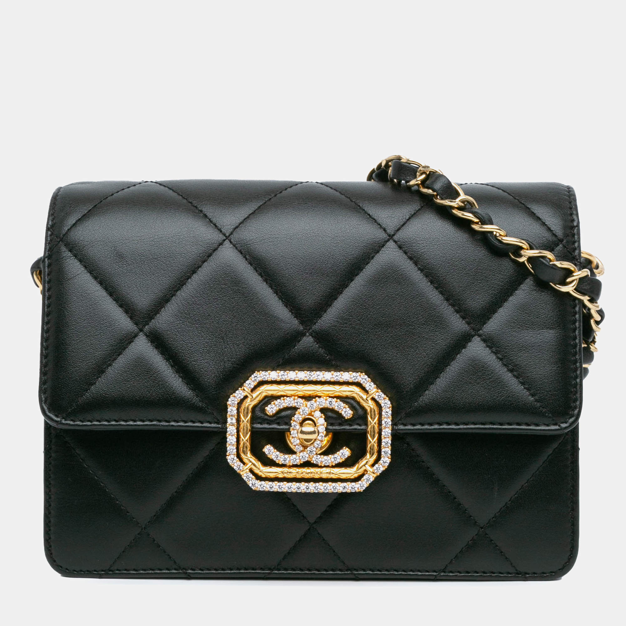 Pre Owned Chanel Black Quilted Lambskin Octagonal Buckle Crossbody