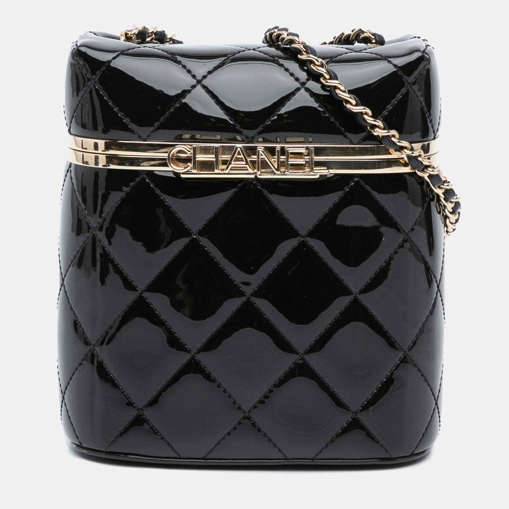 Pre Owned Chanel Black Quilted Patent Logo Chain Vanity Case