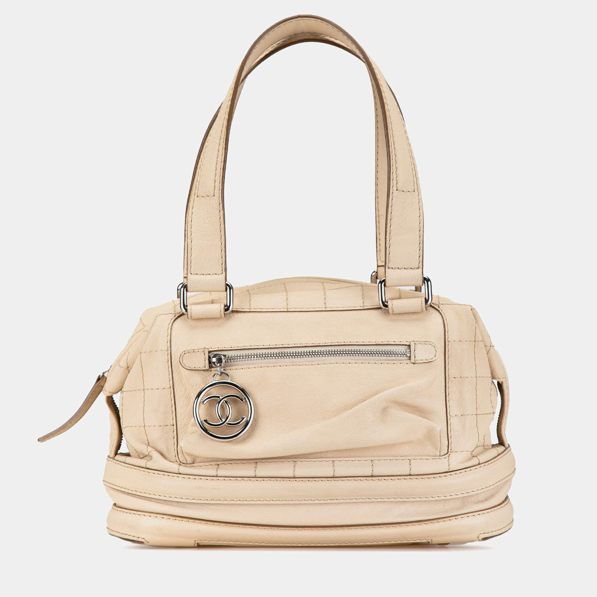 Pre Owned Chanel Beige Goatskin Square Stitch Essential Bowler