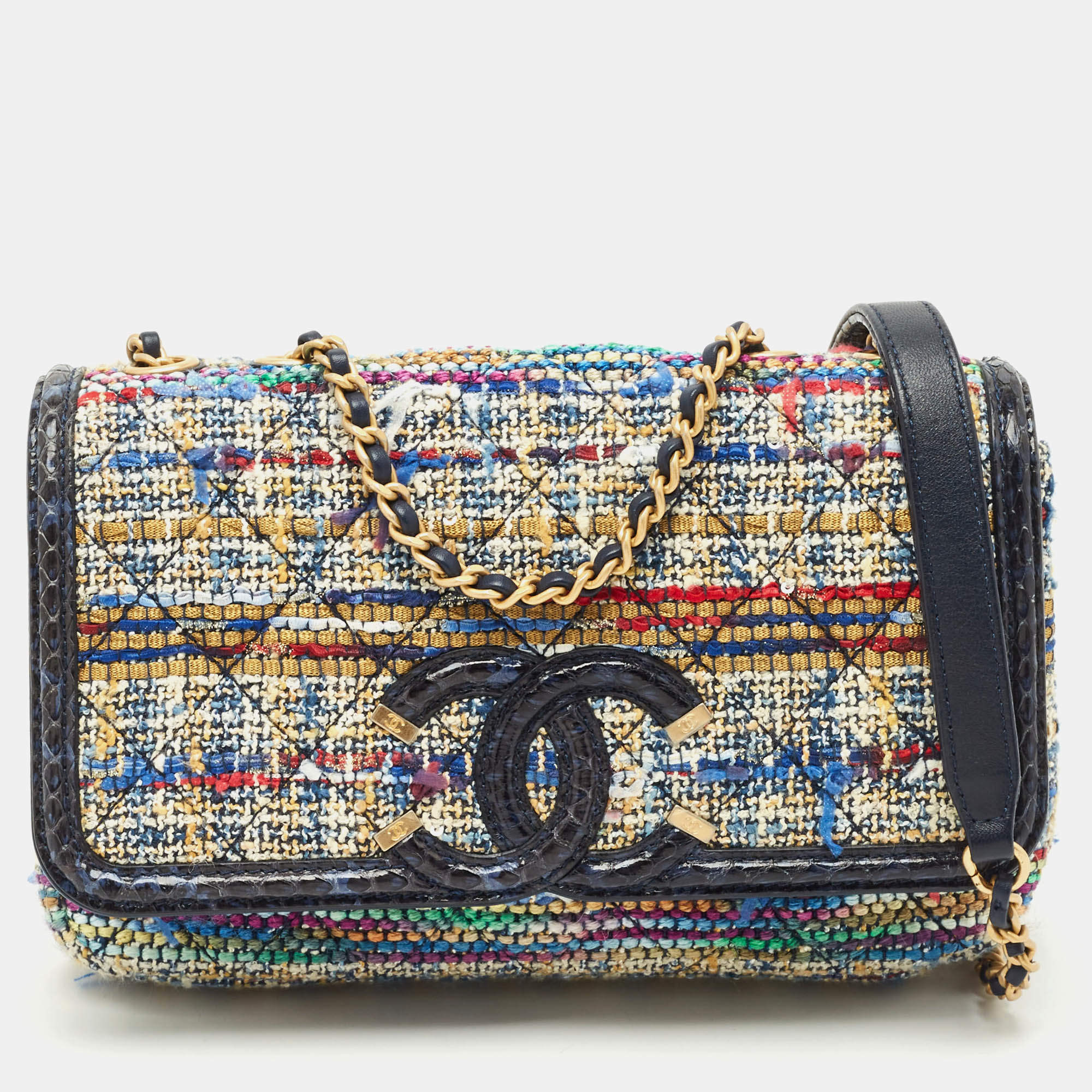 Pre Owned Chanel Multicolor Quilted Tweed and Water Snake Small CC Filigree Flap Bag