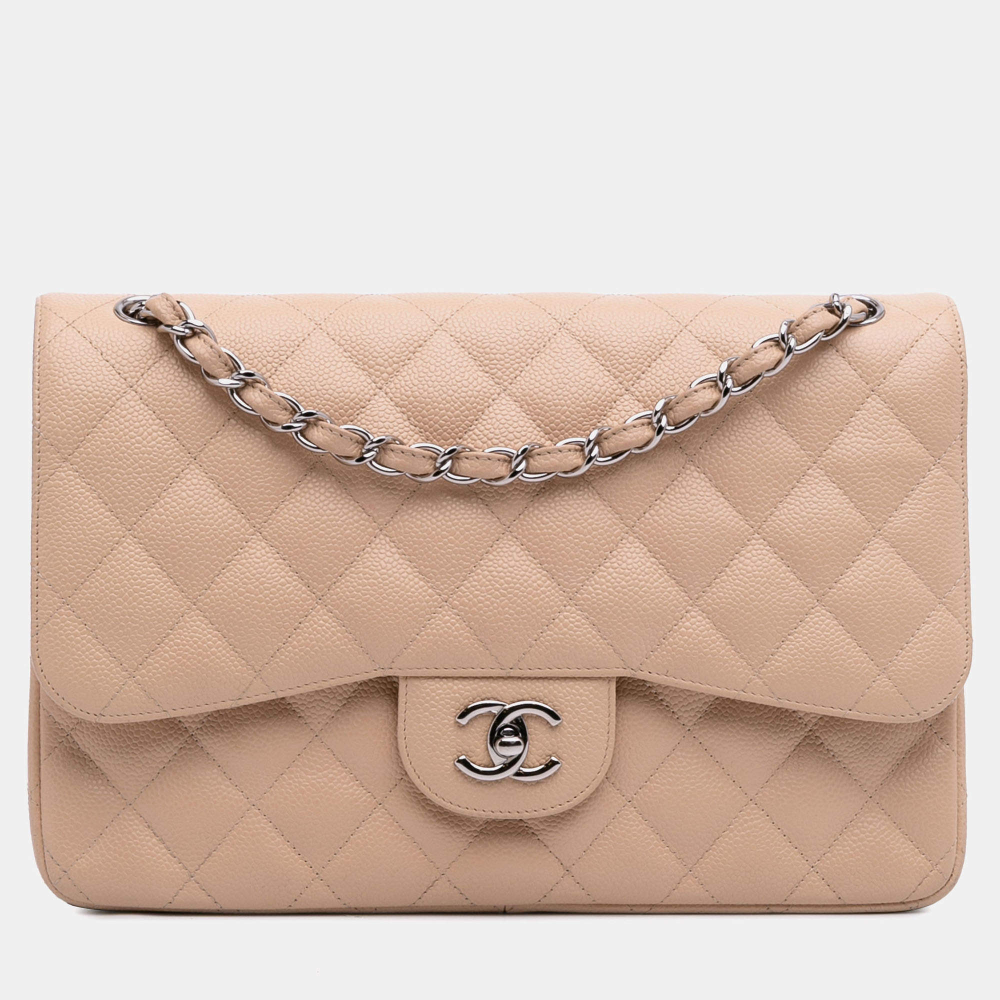 Pre Owned Chanel Brown Jumbo Classic Caviar Double Flap Bag