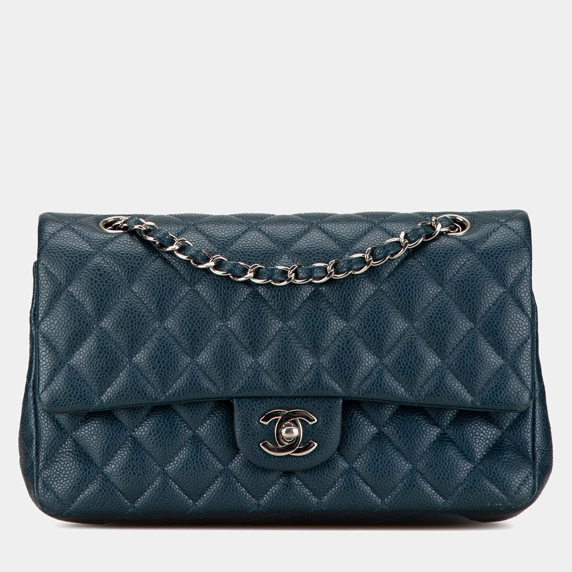 Pre Owned Chanel Blue Medium Classic Caviar Double Flap Bag