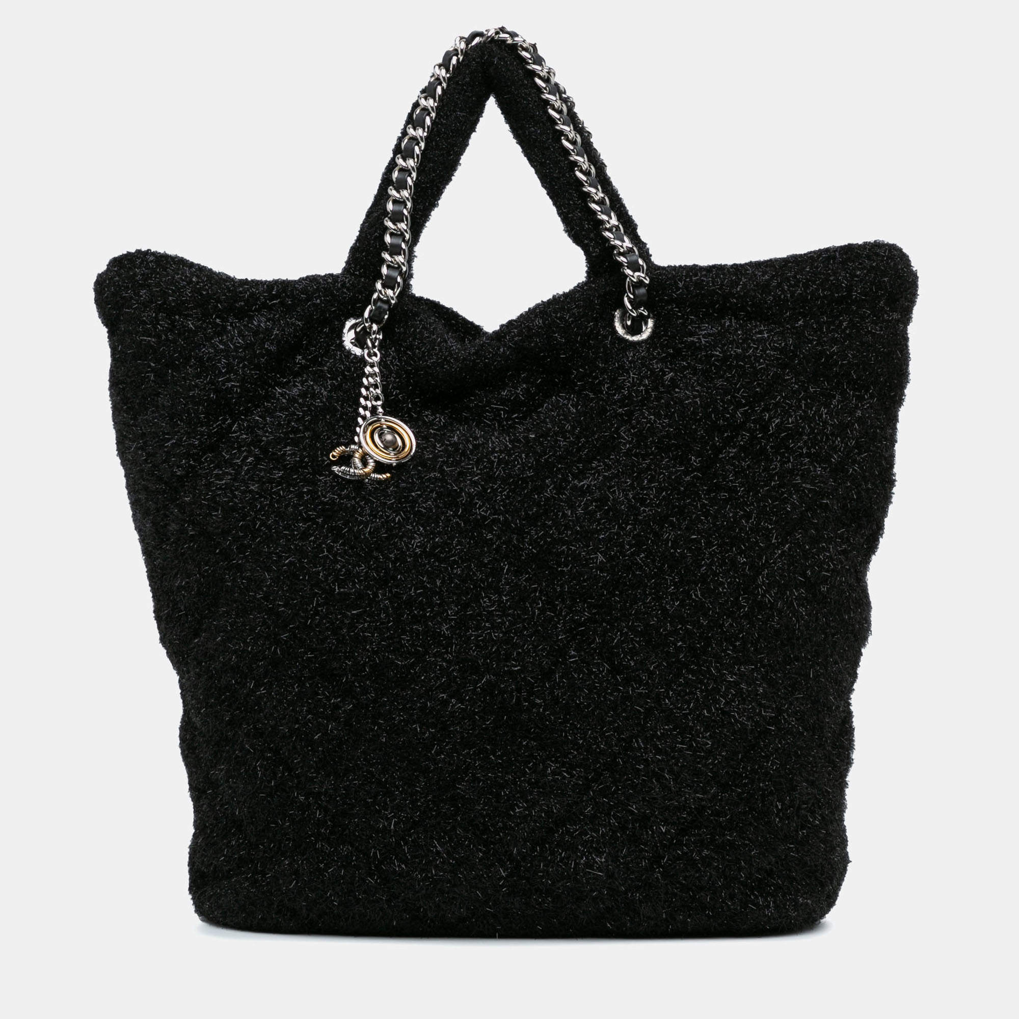 Pre Owned Chanel Black Large Quilted Knit Pluto Glitter Satchel
