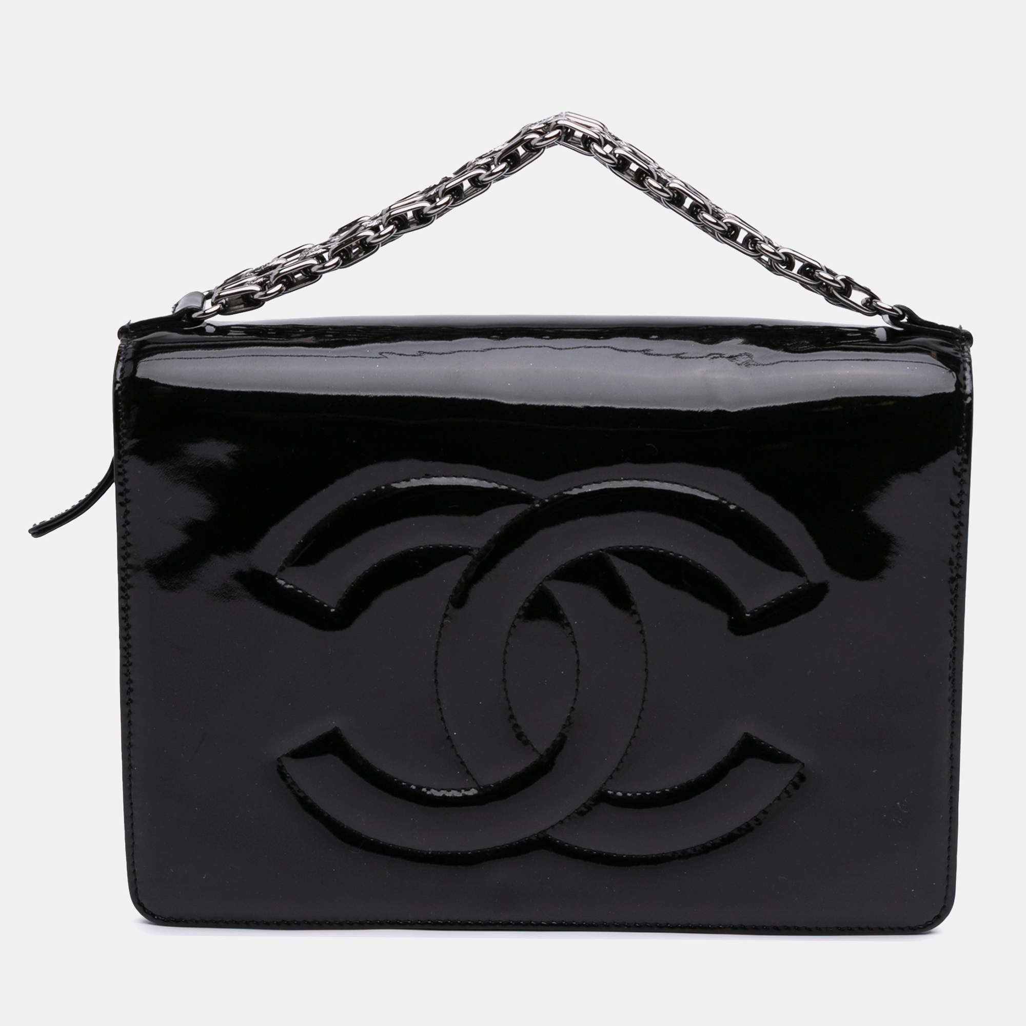 Pre Owned Chanel Black Mini CC Patent Clutch With Chain