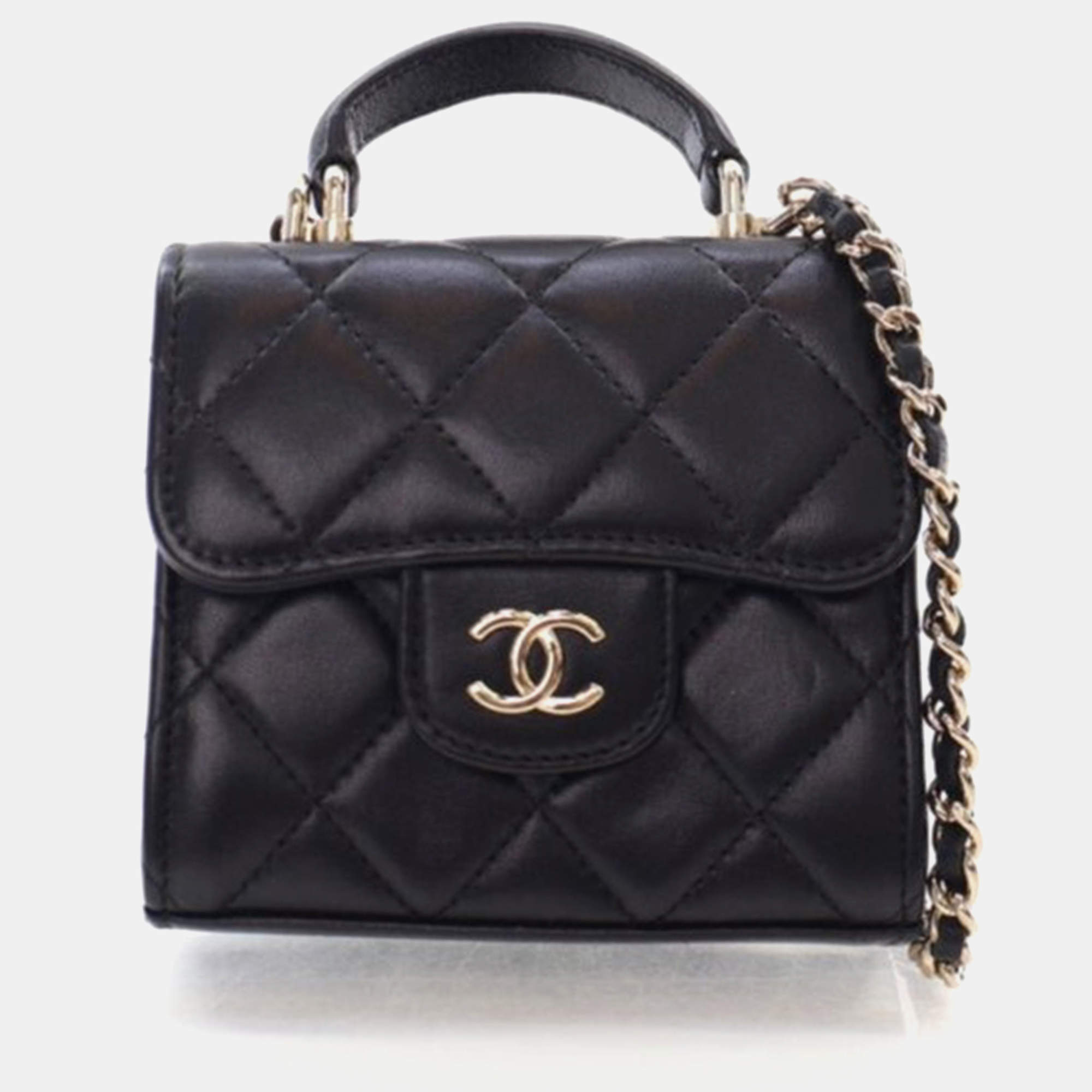 Pre Owned Chanel Coin Purse Flap Mini Black Lambskin Wallet