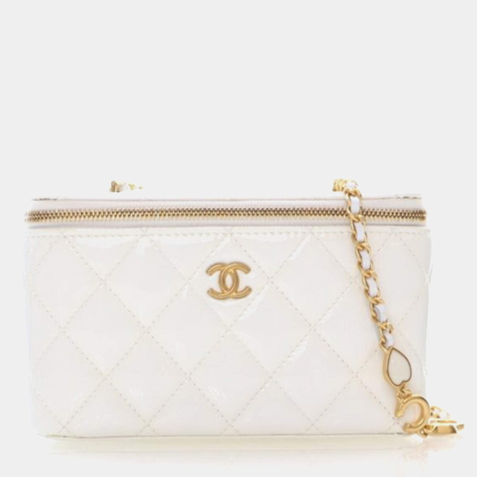 Pre Owned Chanel Vanity Case Small White Patent Leather Shoulder Bag