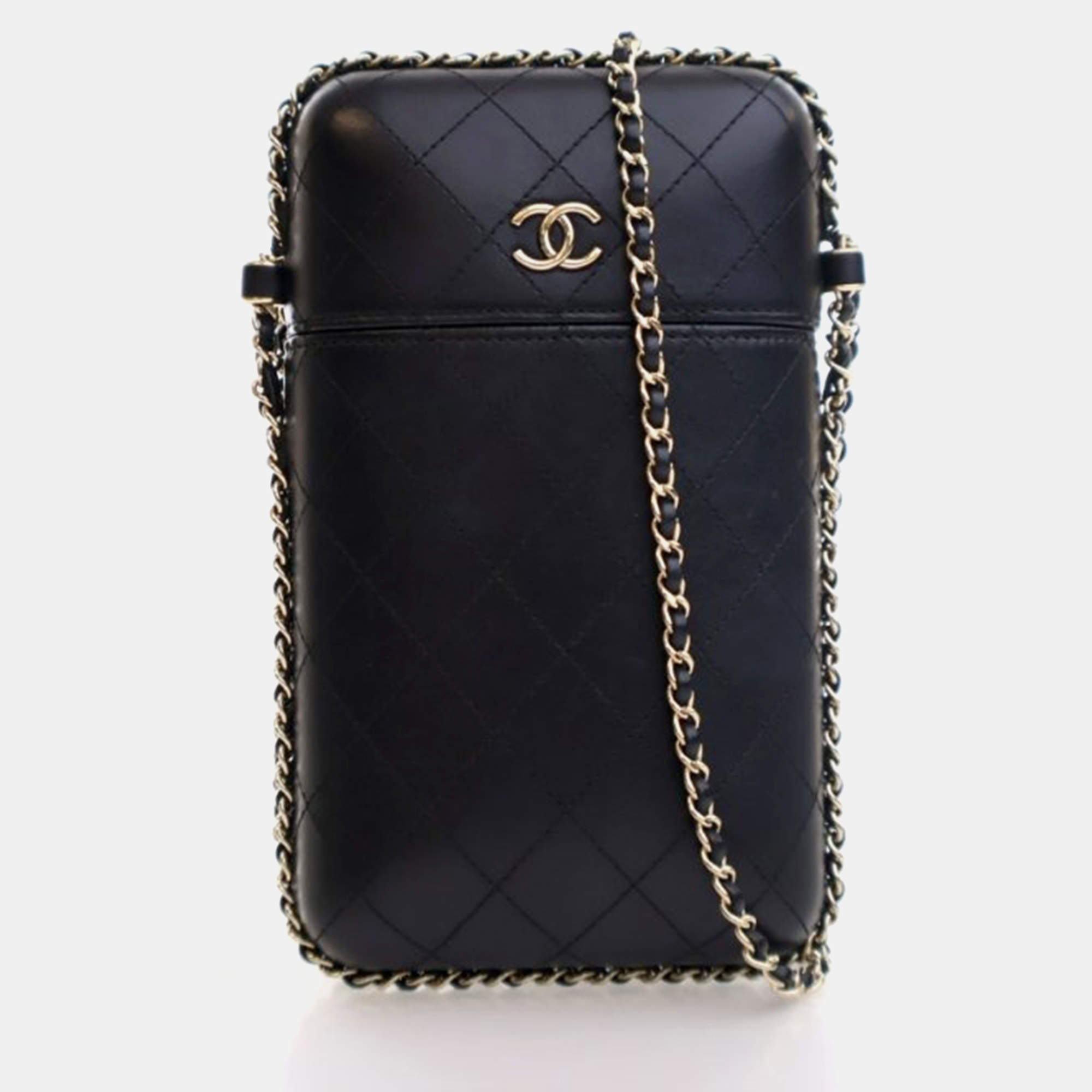 Pre Owned Chanel Phone Holder Black Lambskin Chain Around Shoulder Bag