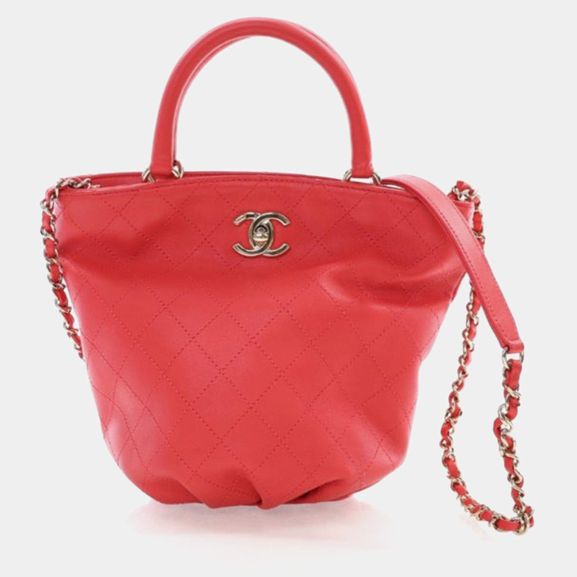 Pre Owned Chanel Bucket Small Red Calfskin CC Lock Tote Bag