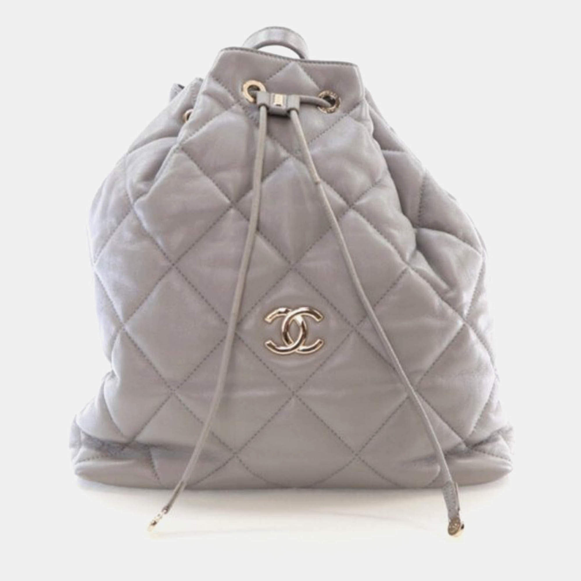 Pre Owned Chanel Drawstring Grey Calfskin Bucket Backpack