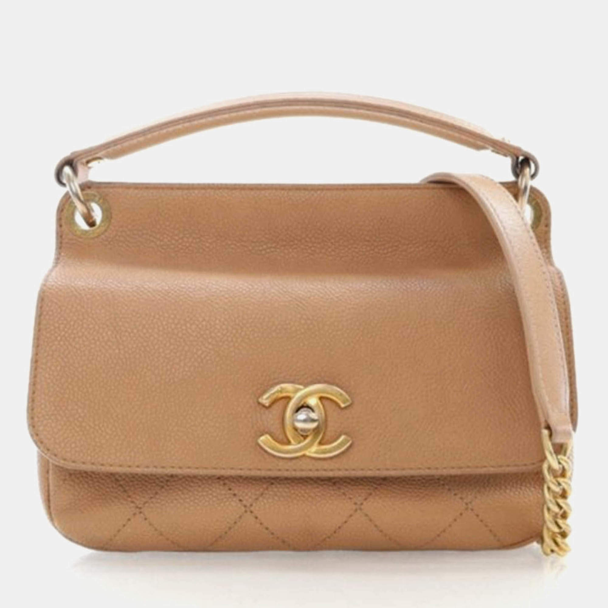 Pre Owned Chanel CC Lock Mini Beige Caviar Top Handle Flap Bag
