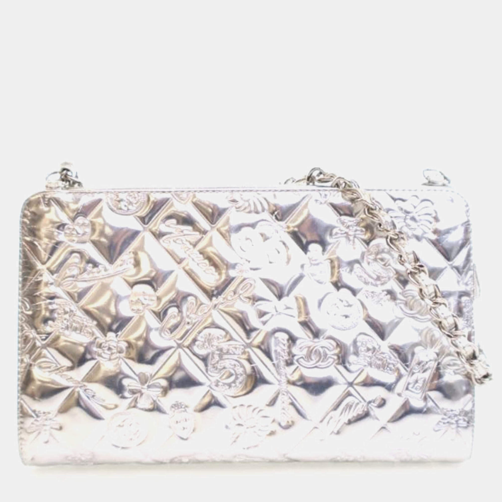 Pre Owned Chanel Pochette Silver Patent Leather Precious Symbols Bag