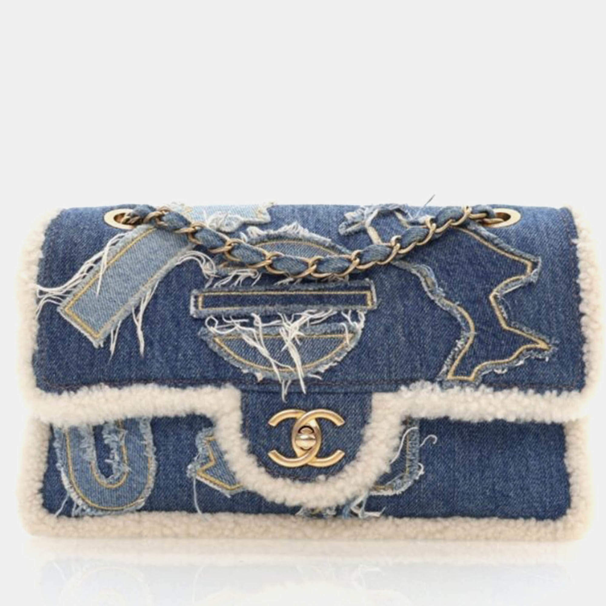 Pre Owned Chanel Egyptian Hieroglyph Classic Flap Medium Blue Denim Shoulder Bag