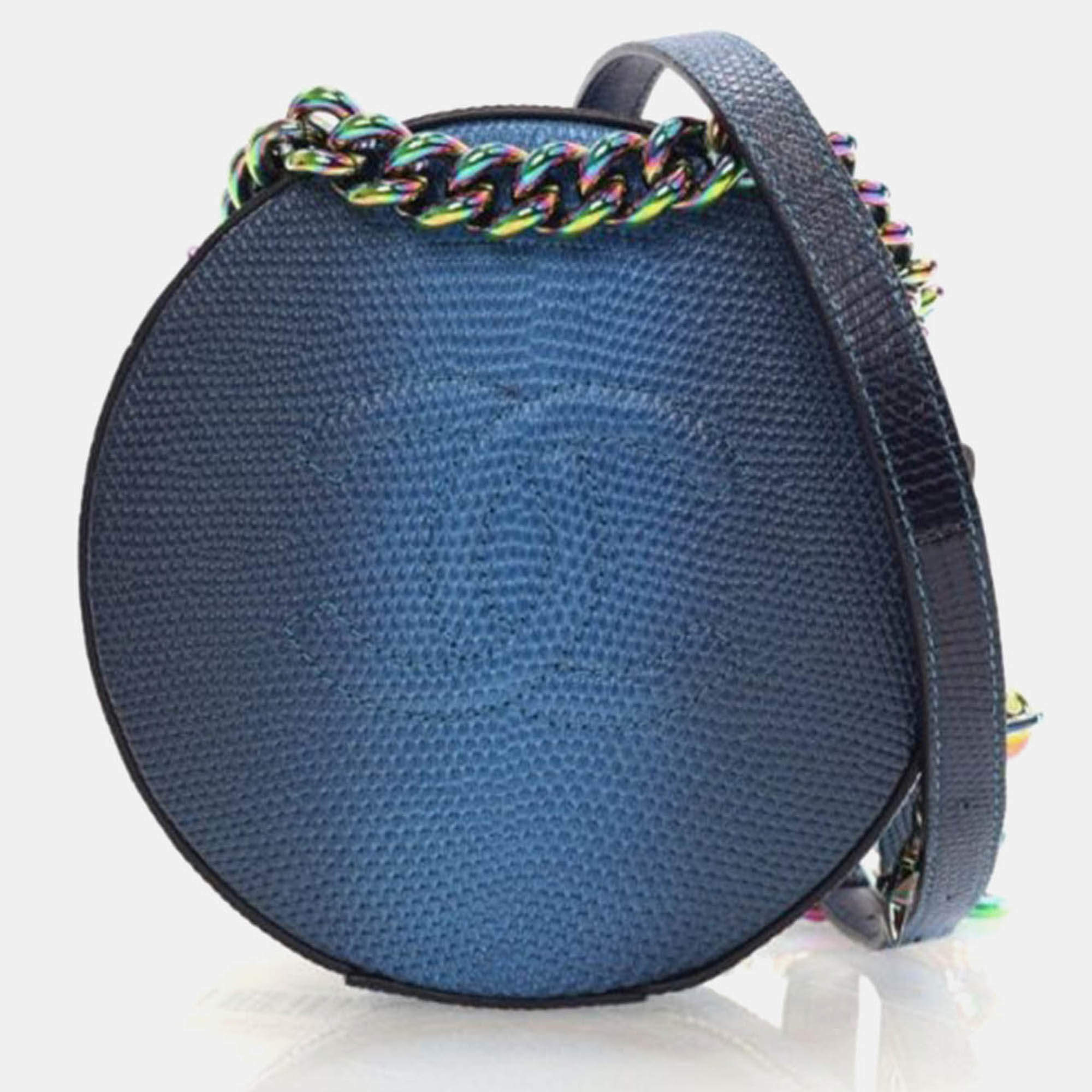 Pre Owned Chanel Round As Earth Blue Lizard Crossbody Bag