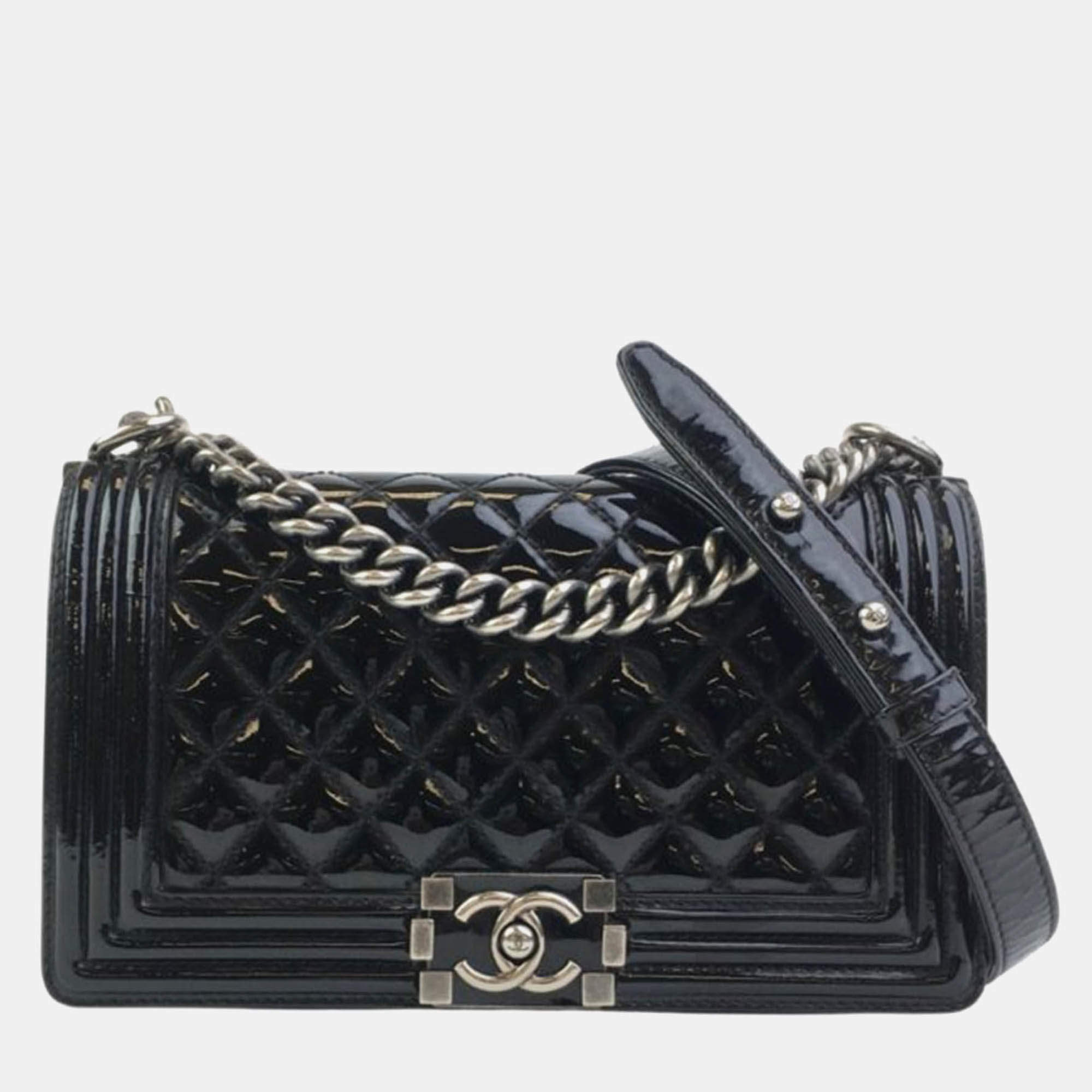 Pre Owned Chanel Boy Medium Black Patent Leather Shoulder Bag