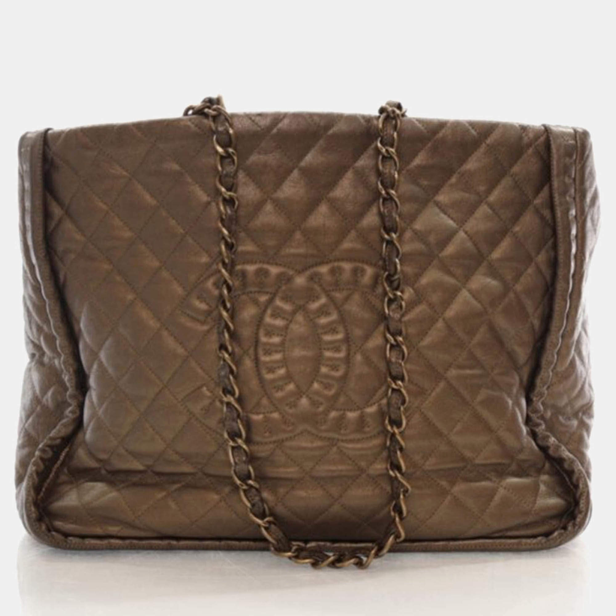 Pre Owned Chanel Istanbul Tote Metallic Bronze Calfskin Shoulder Bag