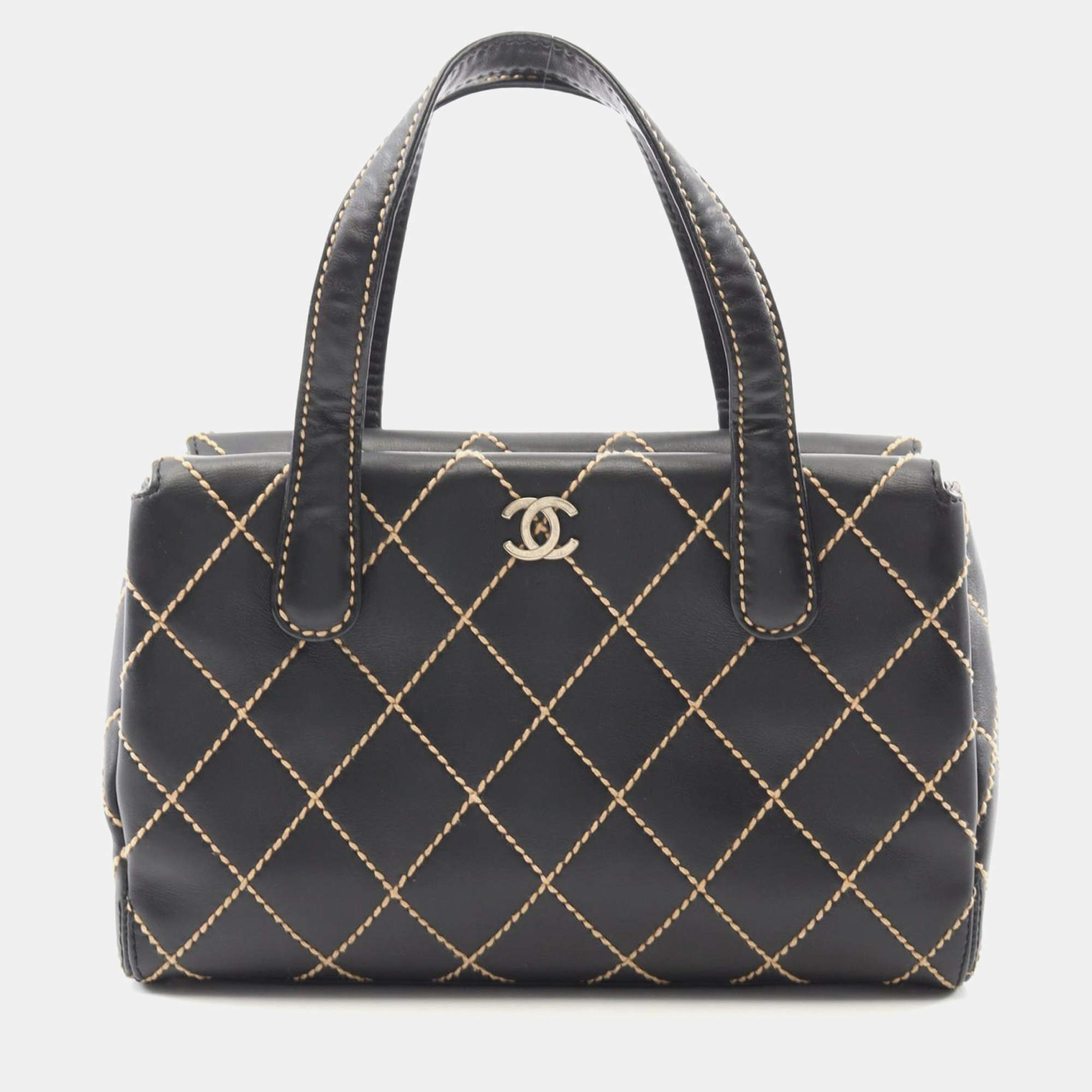Pre Owned Chanel Wild Stitch Black Leather Tote Bag