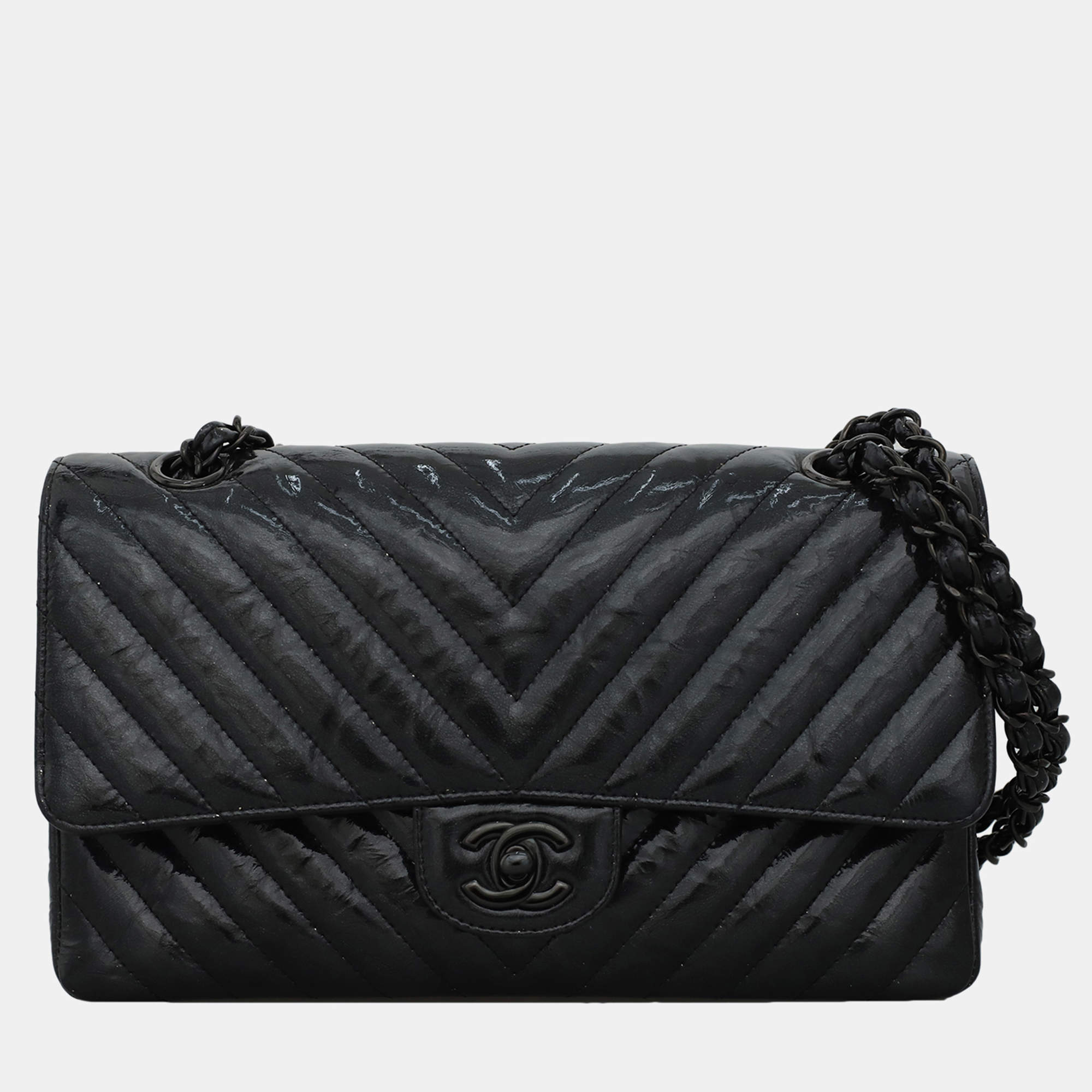 Pre Owned Chanel Patent Leather Chevron Medium Double Flap Bag