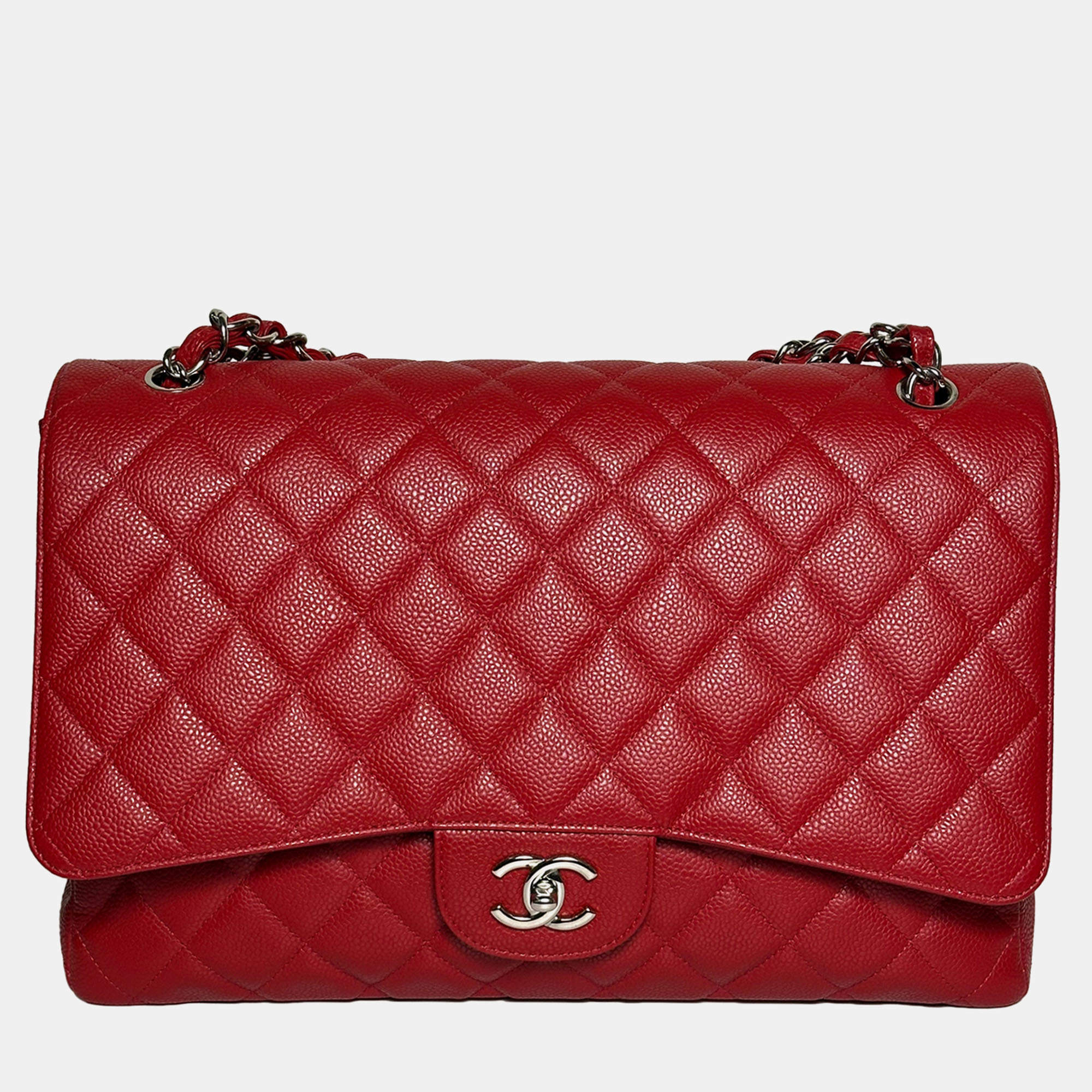 Pre Owned Chanel Red Caviar Maxi Classic Flap Bag in SHW