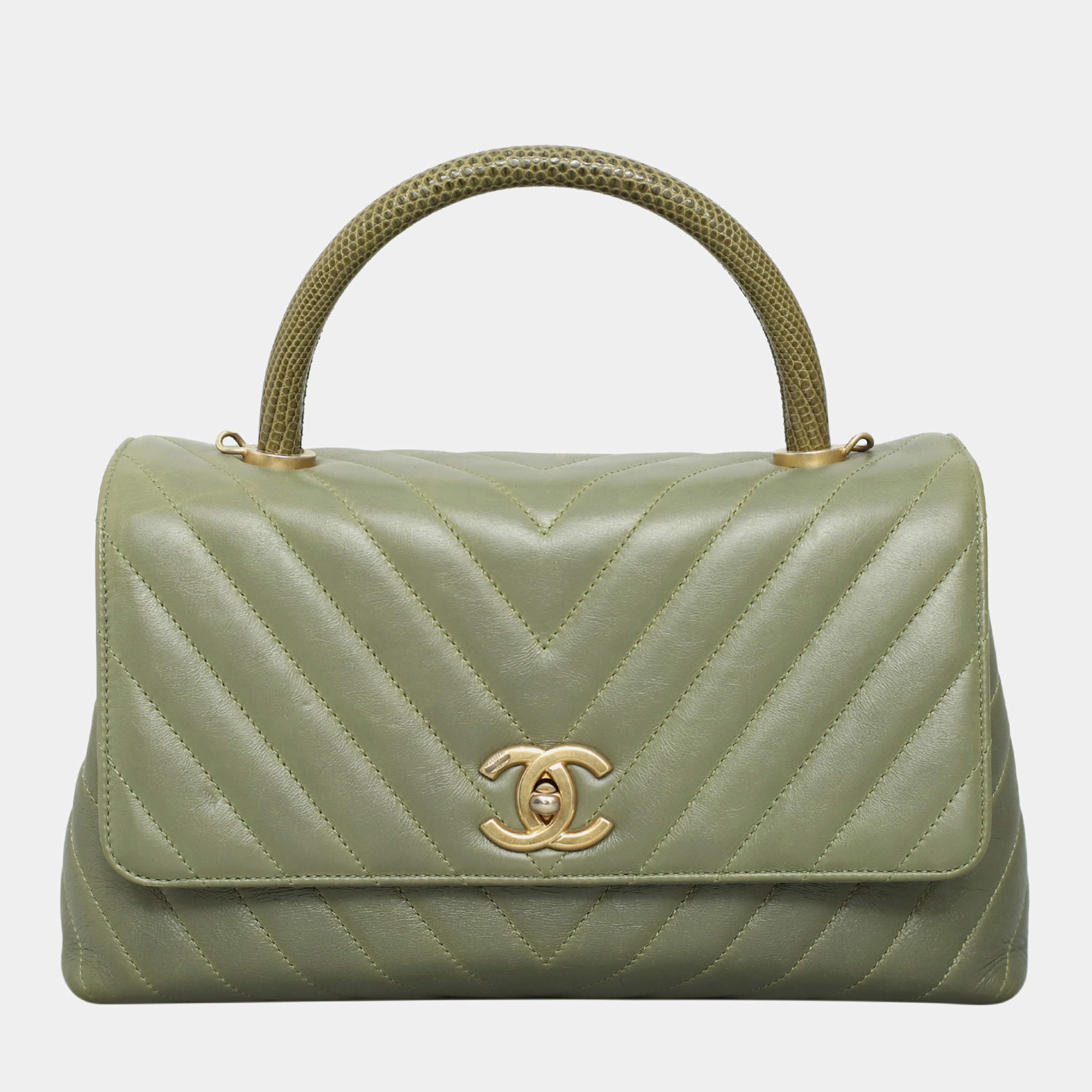 مملوكة مسبقًا حقيبة شانيل كو كو مزودة بمقبض علوي من سحلية مبطنة كيلي مدروجة متوسطة الشيفرون 