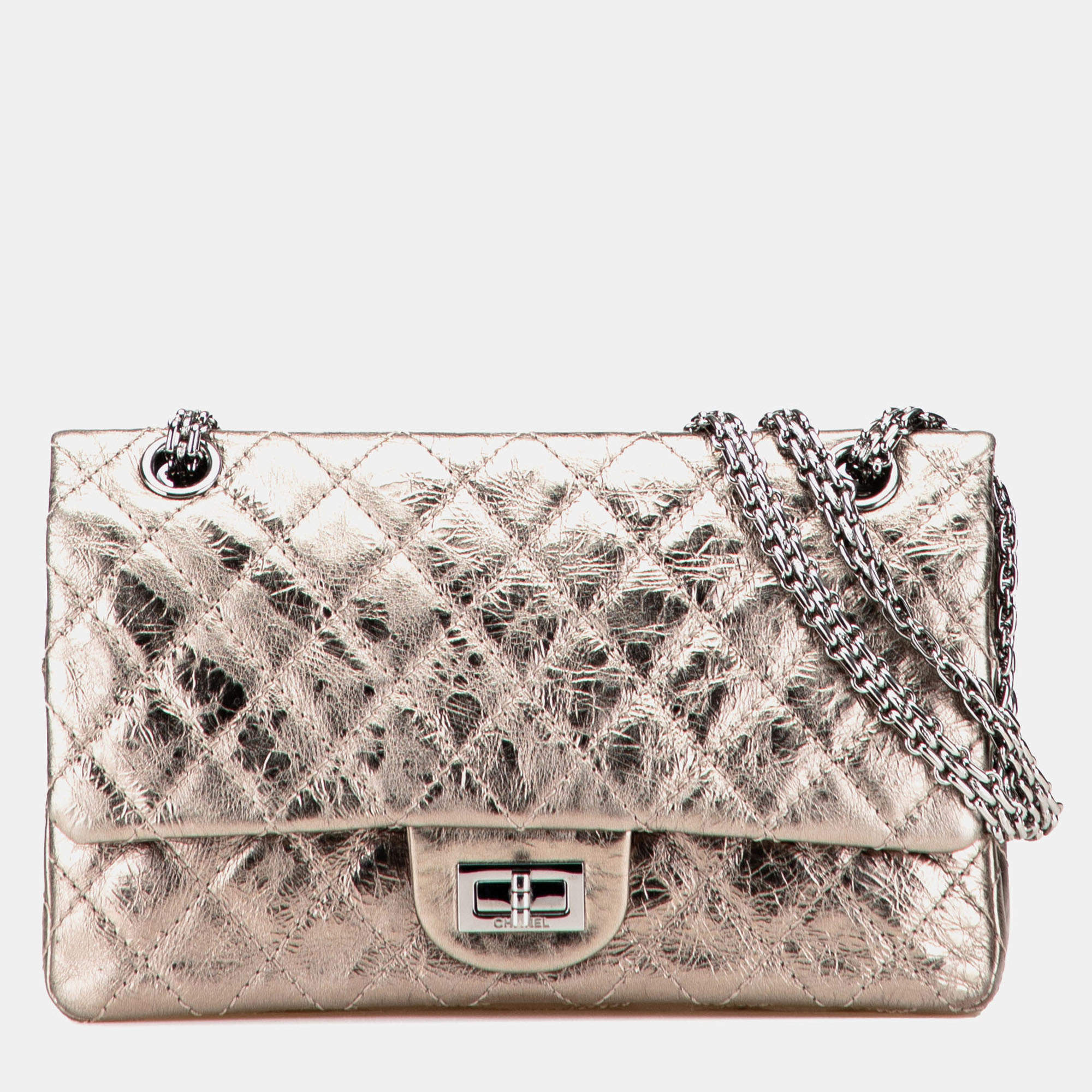 Pre Owned Chanel Beige Reissue 2.55 Aged Metallic Calfskin Double Flap 225