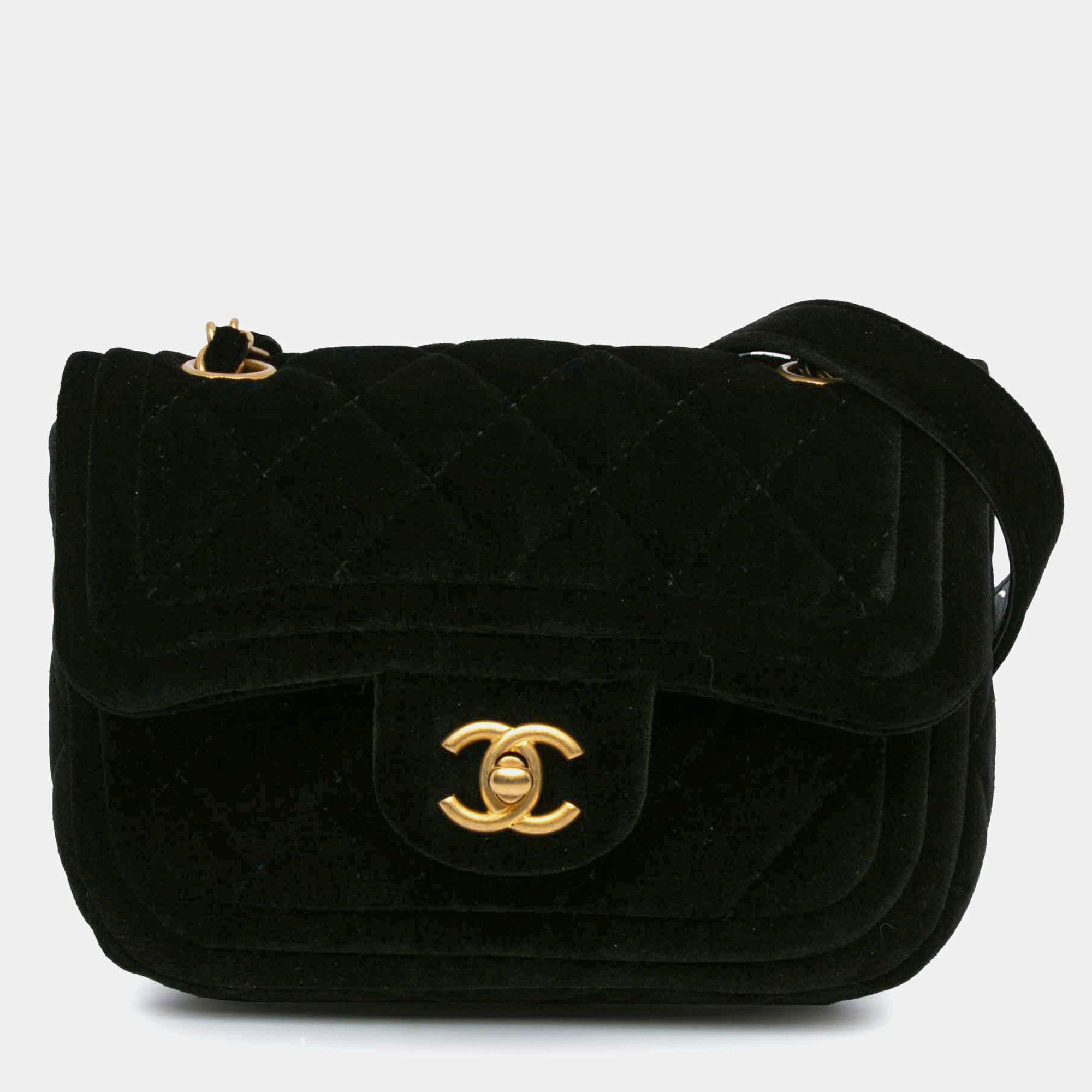 Pre Owned Chanel Black Mini Quilted Velvet Double Frame Flap